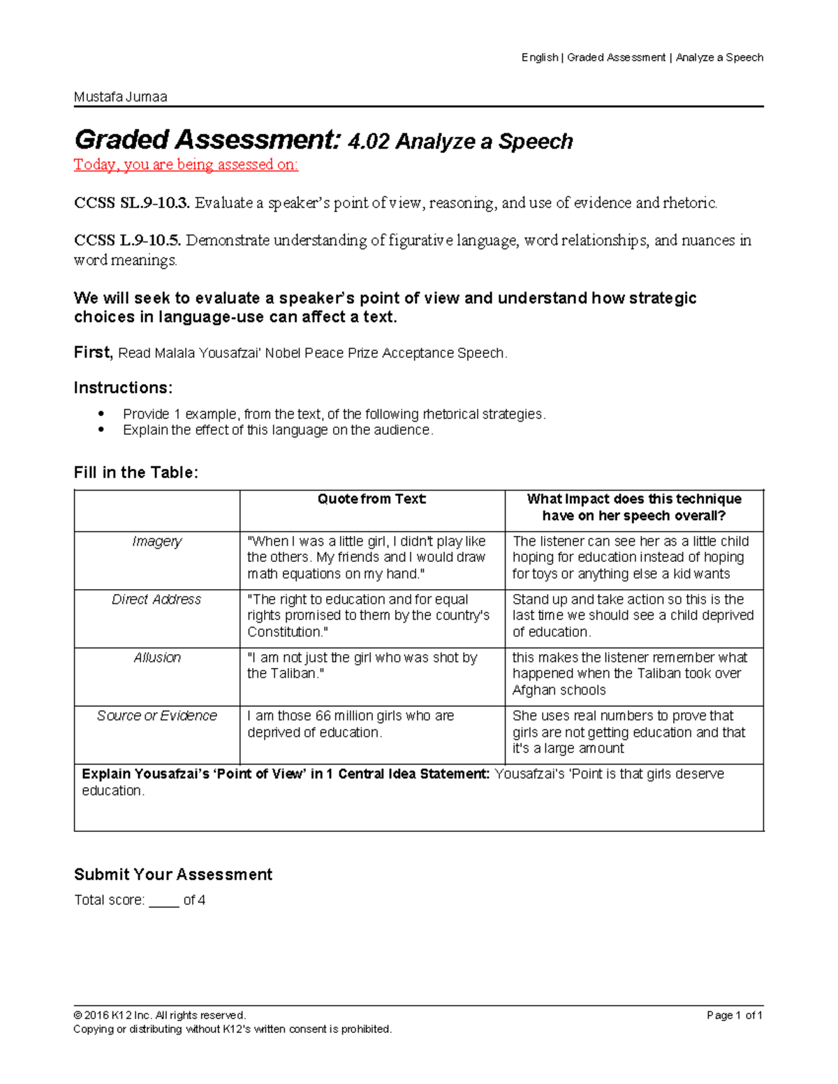 4.02 Analyze a Speech 1 - English | Graded Assessment | Analyze a