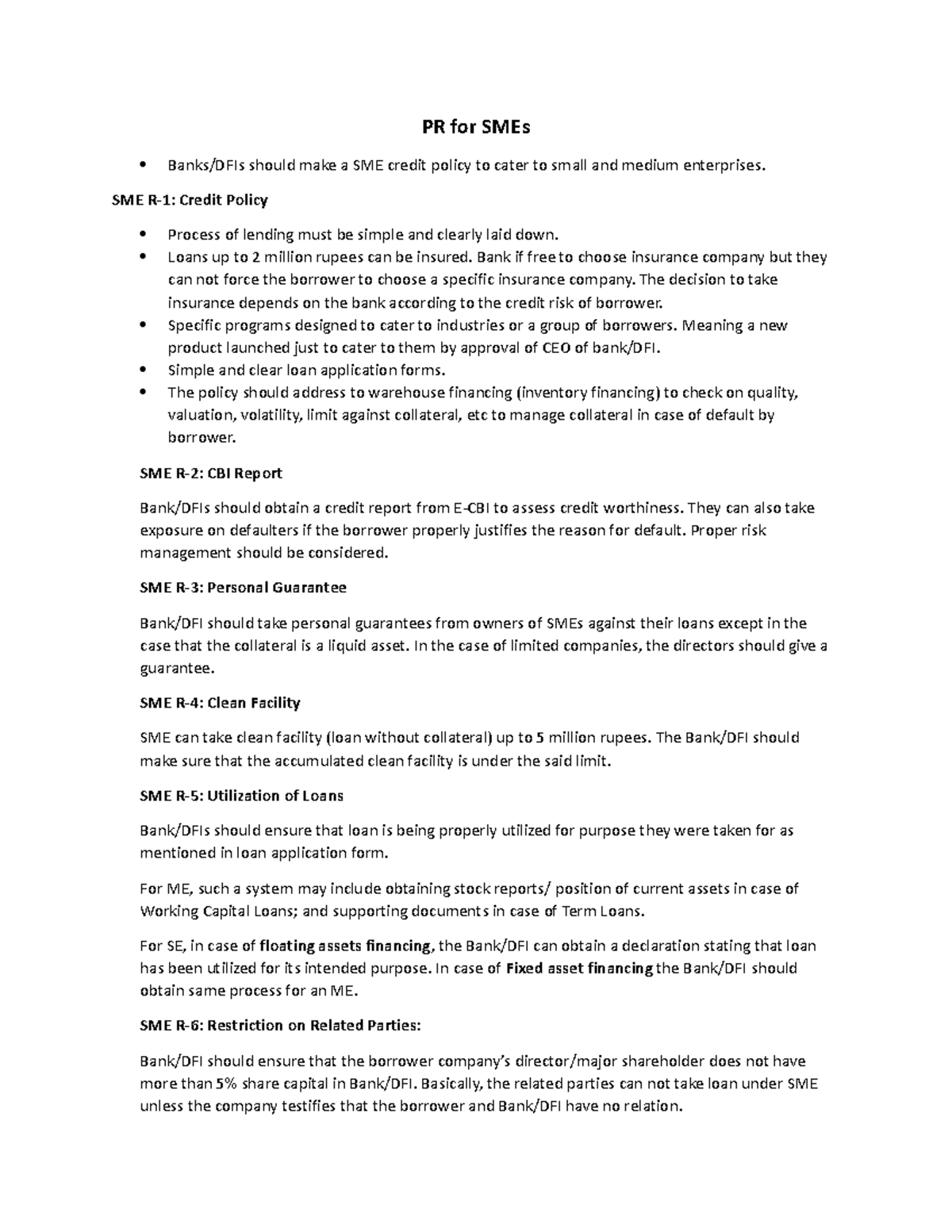 Prudential Regulations for SMEs - PR for SMEs Banks/DFIs should make a ...