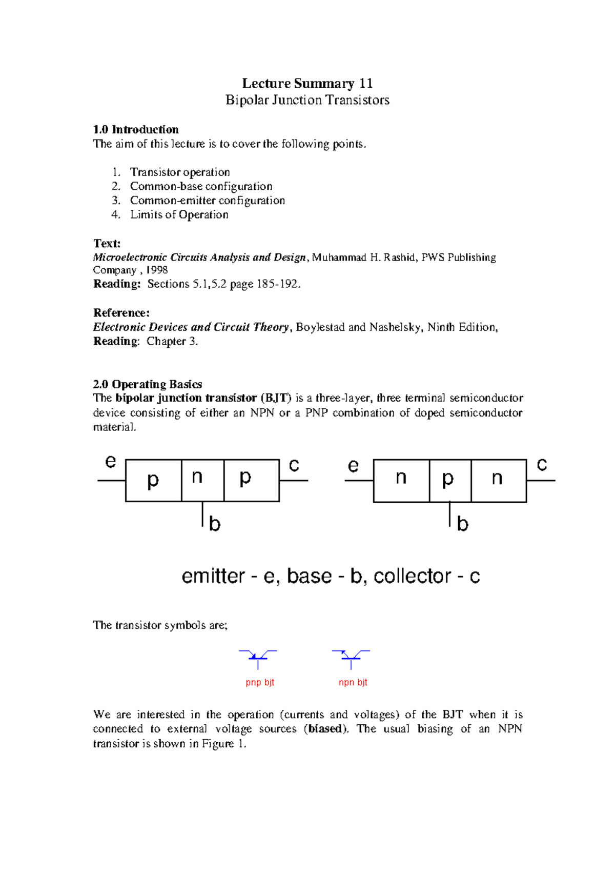 Lecture Notes 11 16 Electronics 1 Lecture Summary 11 Bipolar Junction
