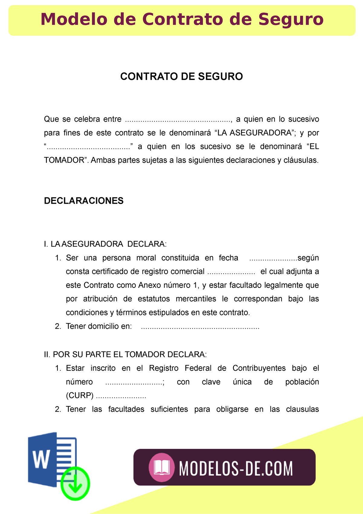 Modelo de Contrato de Seguro - CONTRATO DE SEGURO Que se celebra entre ...