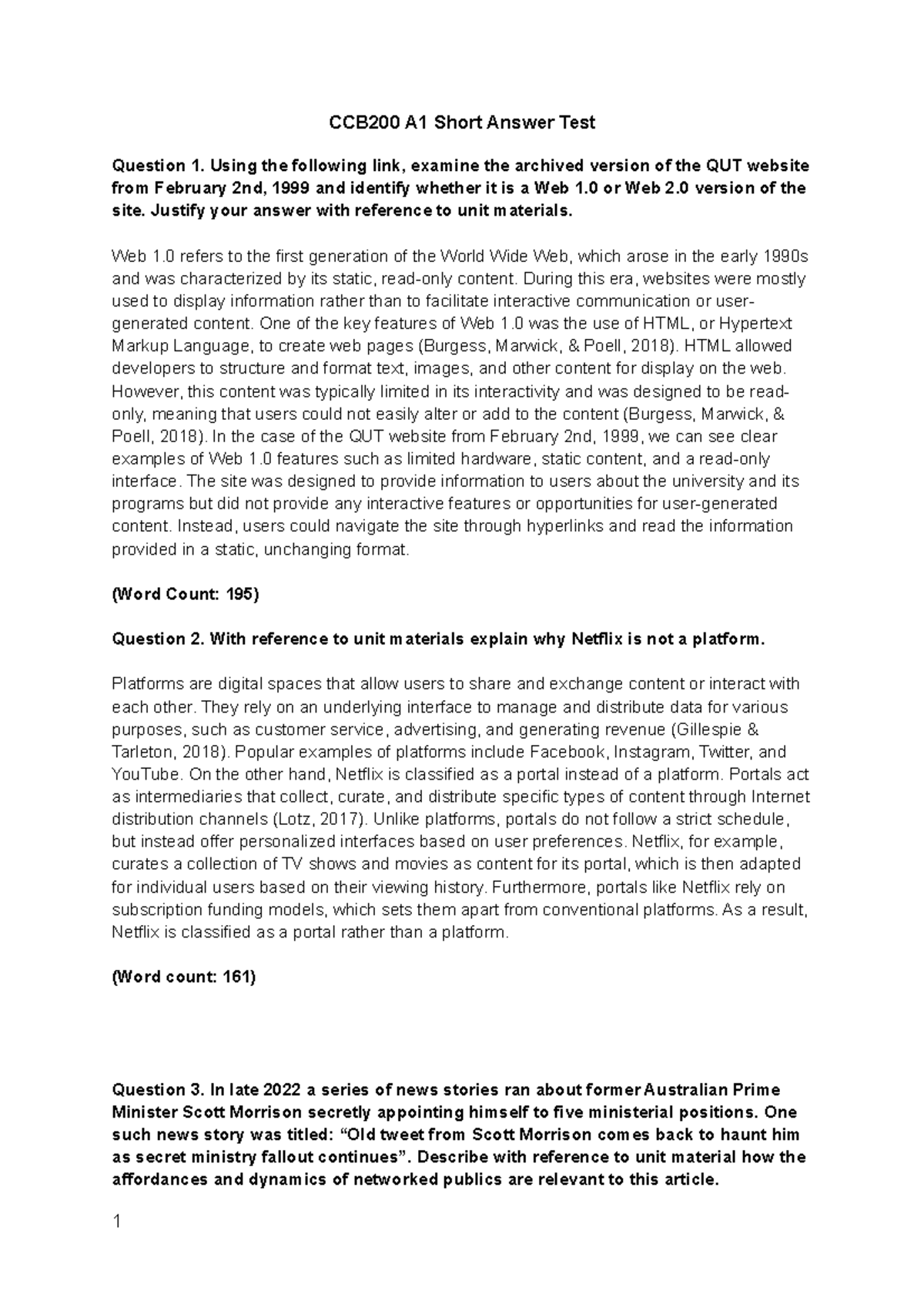 CCB200 A1 - assignment 1 - CCB200 A1 Short Answer Test Question 1 ...