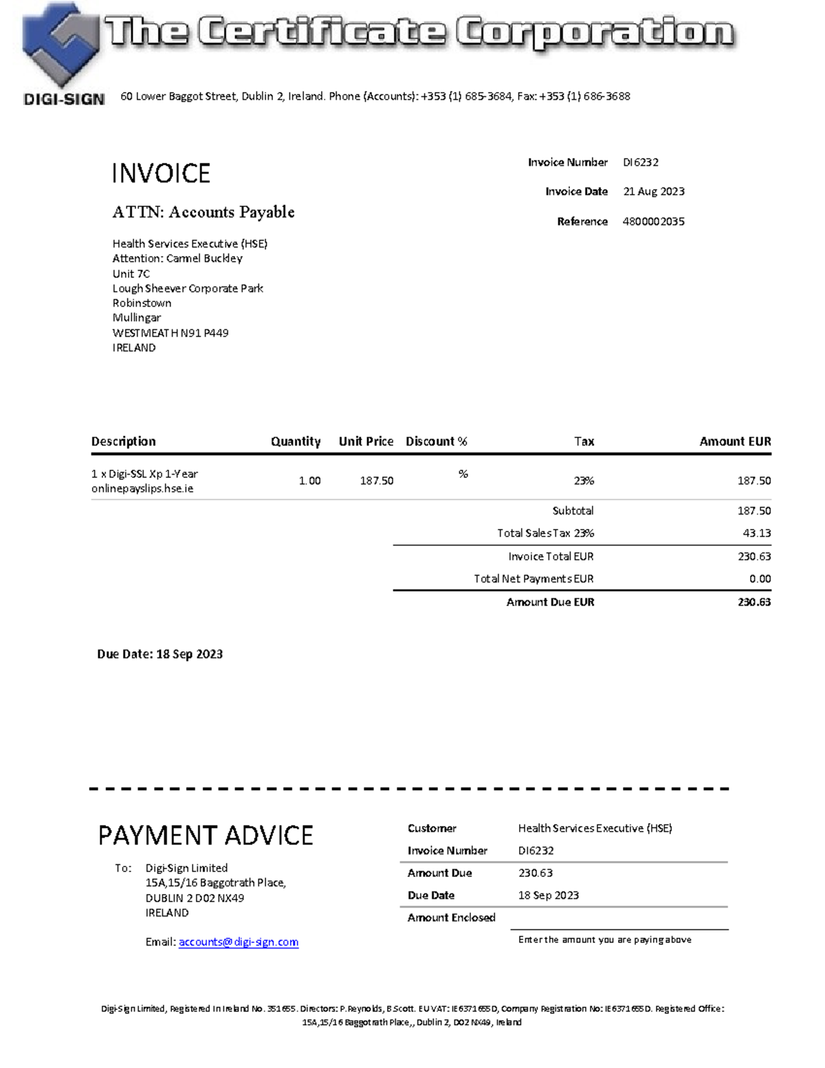 2023-09-25 Invoice DI6232 - 60 Lower Baggot Street, Dublin 2, Ireland ...