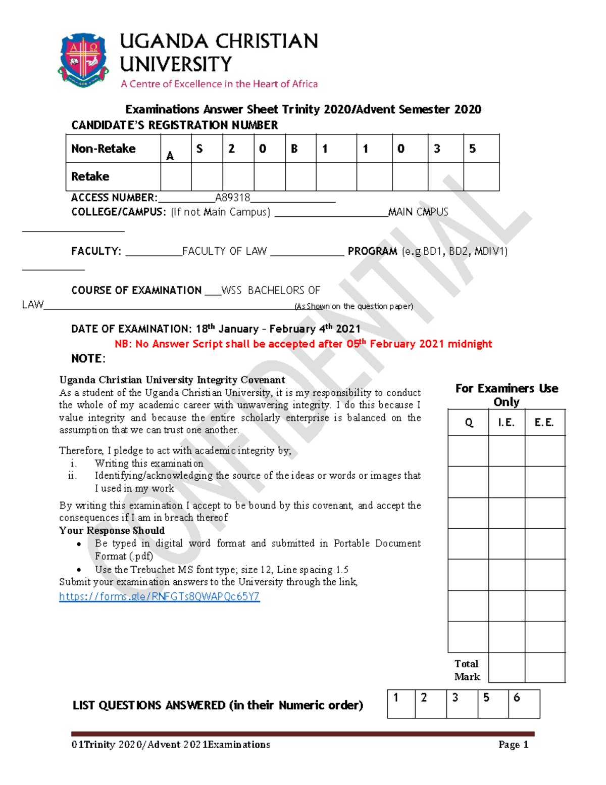 WRITTING AND STUDY SKILLS asiggnment - Examinations Answer Sheet ...