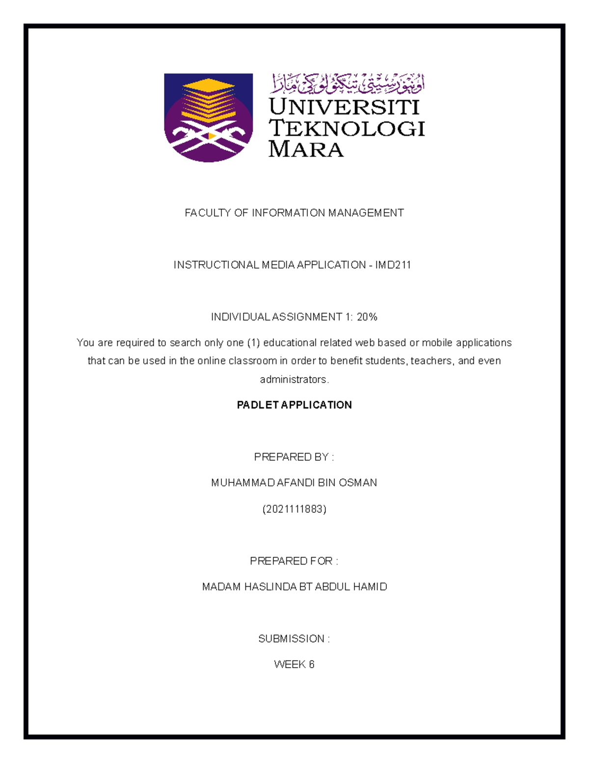 IMD211- Individual Assingment - organization of information - UiTM ...