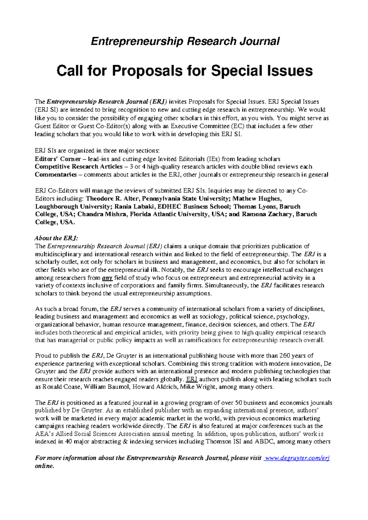 ERJ Call for Proposals for Special Issues - Entrepreneurship Research ...