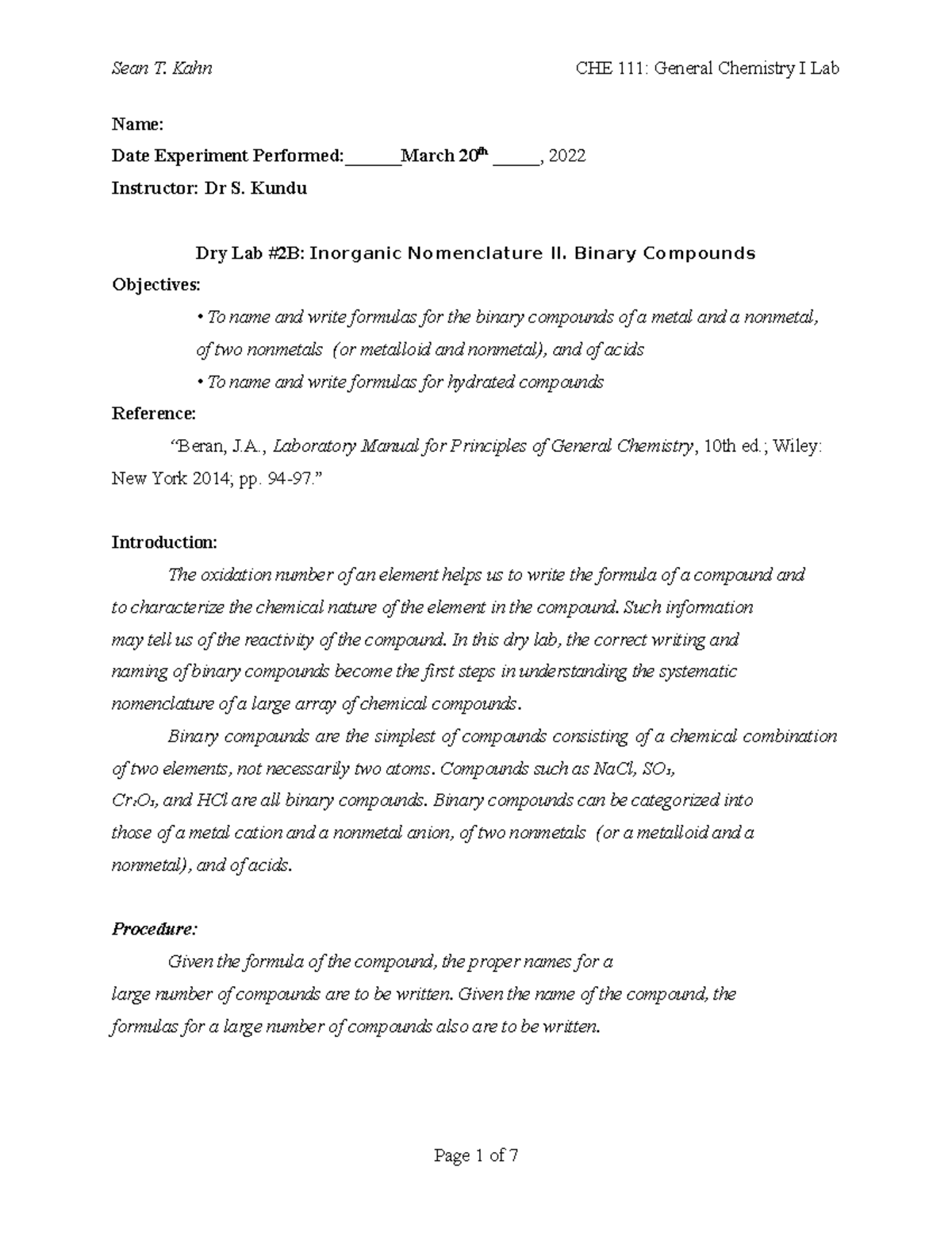 CHE 111 - Dry Lab 2B - Beran 10th edition lab report experiment dry lab ...