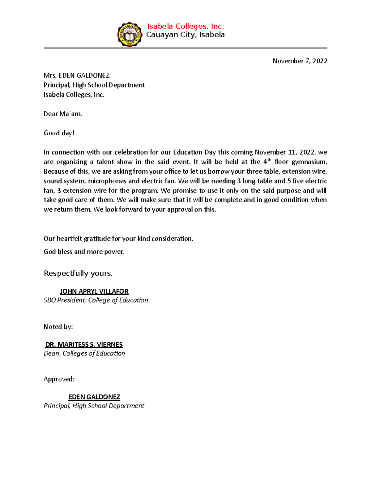 Sbo- Letter - Sbo College Of Education - Isabela Colleges, Inc. Cauayan 