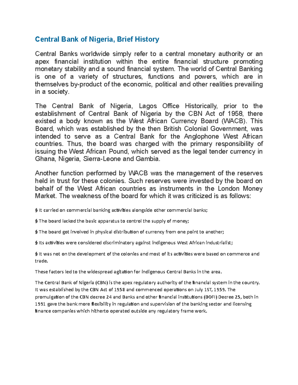 Central Bank of Nigeria origin Central Bank of Nigeria, Brief History