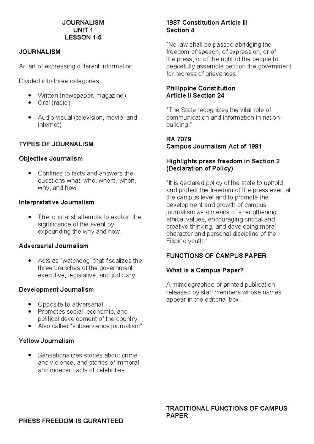 LED69 Journalism - lecture notes - JOURNALISM UNIT 1 LESSON 1 ...