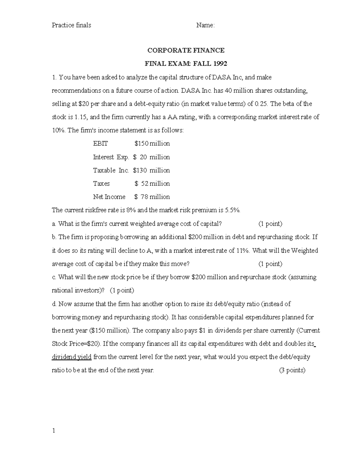 Final Exam, Questions And Answers - Practice Finals Name: CORPORATE ...