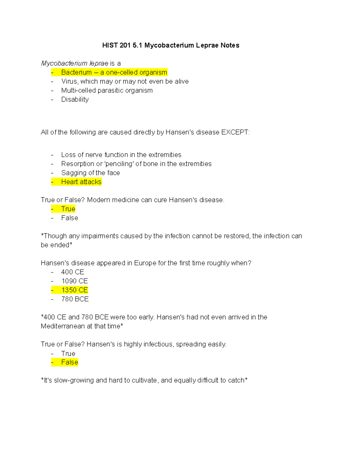 Hist 201 5.1 Mycobacterium Leprae Notes - Hist 201 5 Mycobacterium 