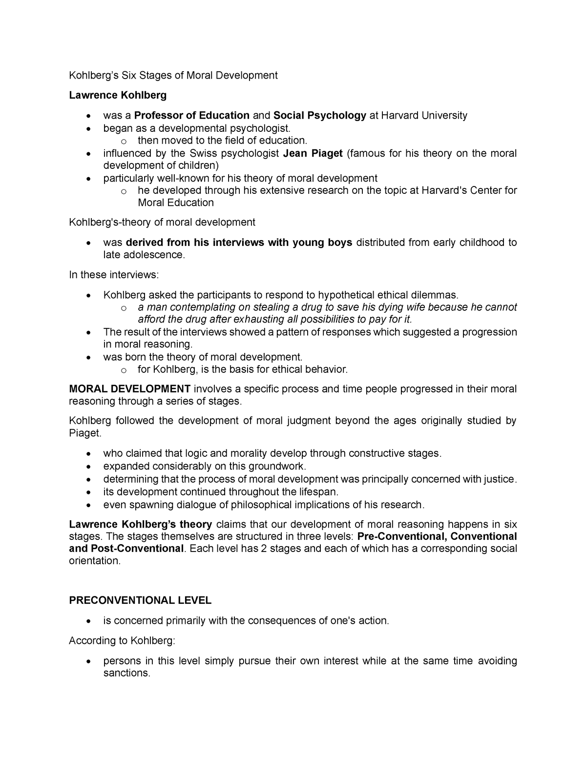 Kohlberg’s Six Stages of Moral Development - Kohlberg’s Six Stages of ...