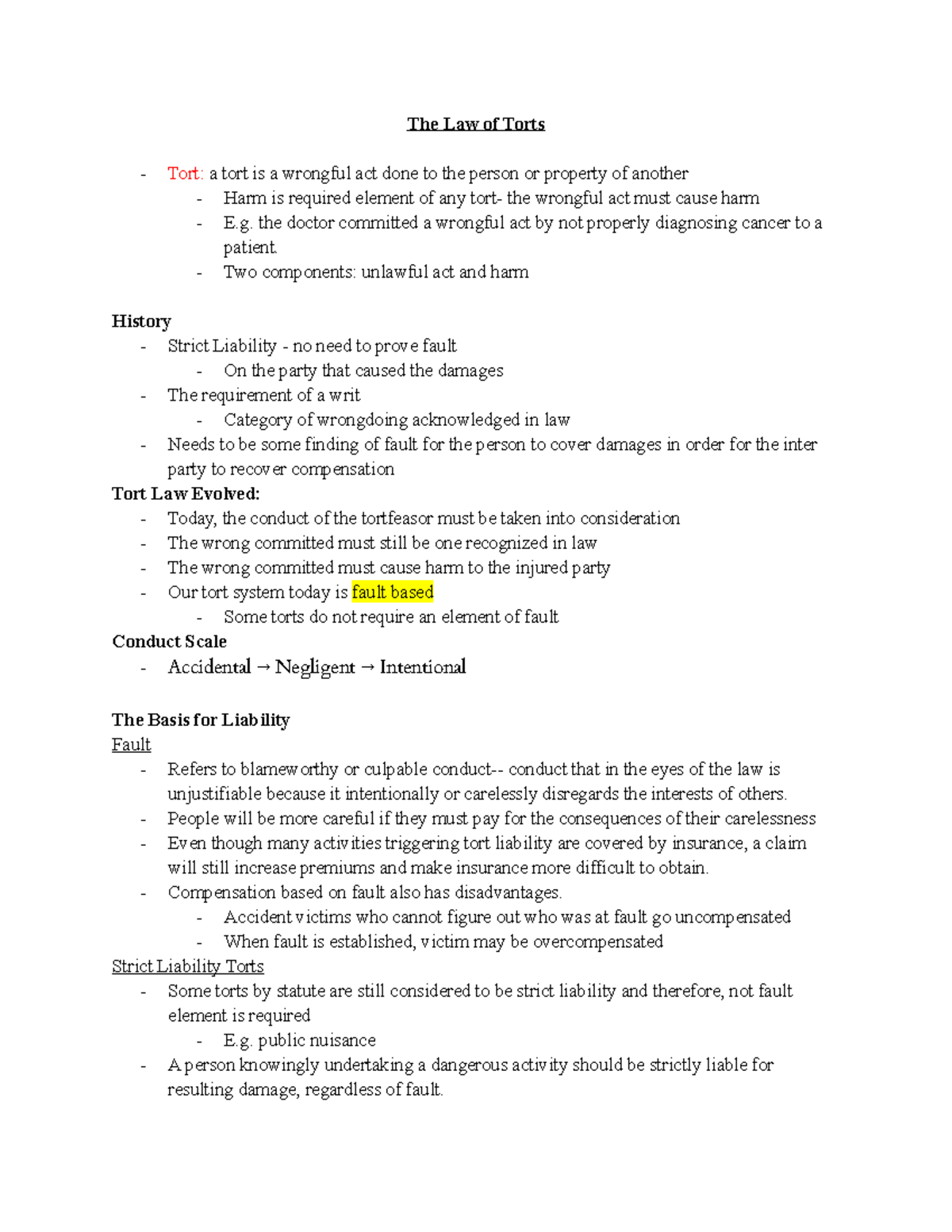 Chapter 4&5 Notes - The Law of Torts Tort: a tort is a wrongful act ...