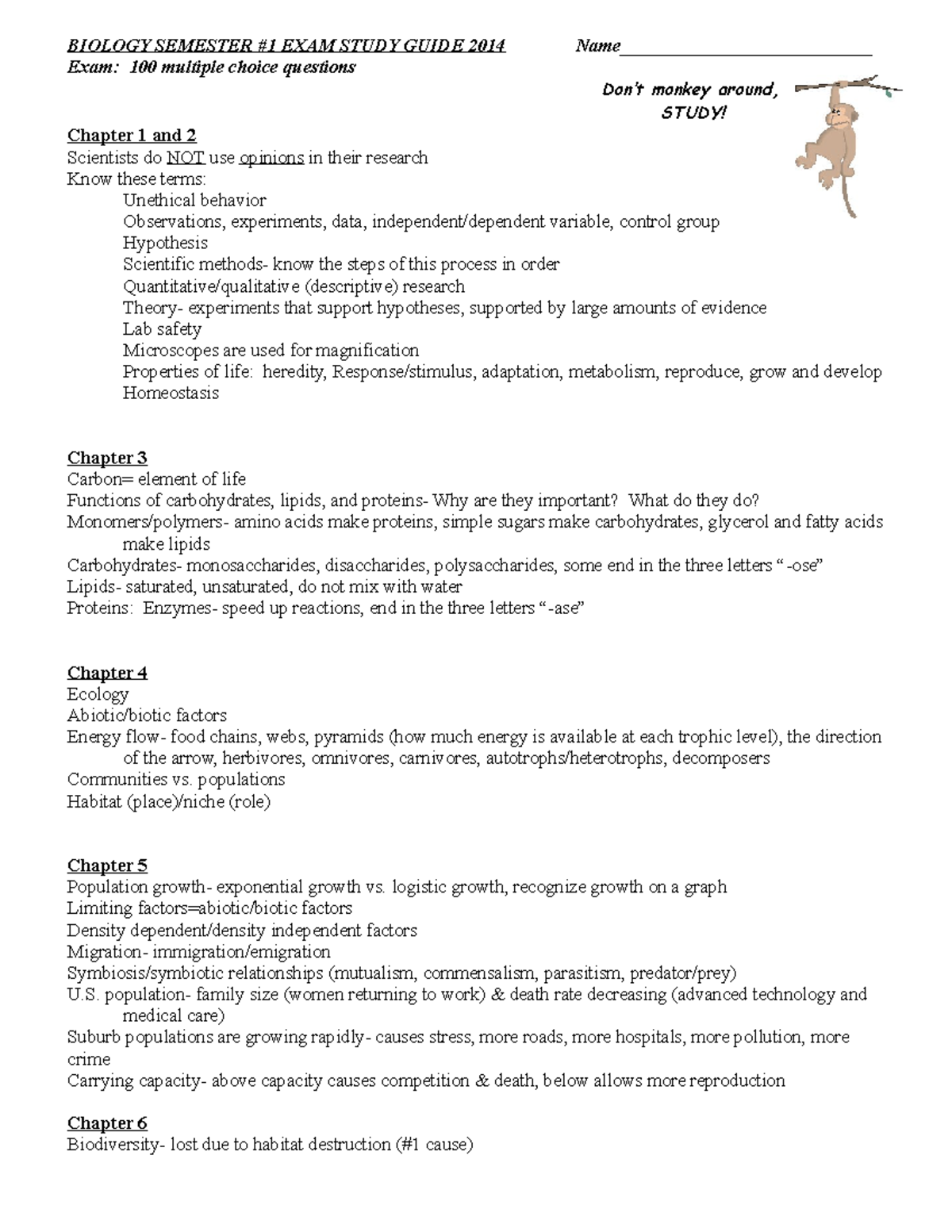 Bio First Semester Exam Study Guide 2014 - BIOLOGY SEMESTER #1 EXAM ...