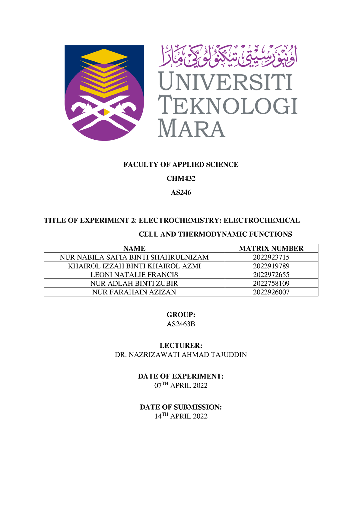 CHM432 EXP 2 AS2463B Group 1 - FACULTY OF APPLIED SCIENCE CHM AS TITLE ...