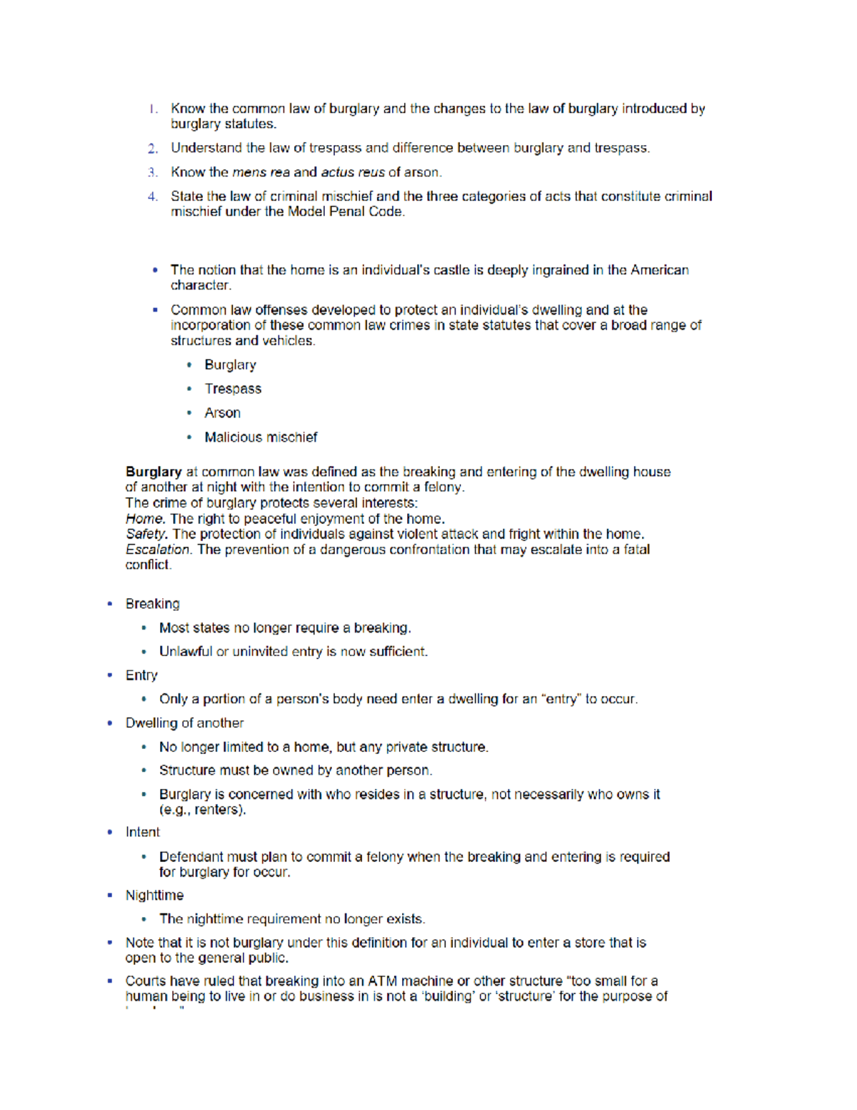 Chapter 12: Burglary/Tresspass - 1. Know the common law of burglary and ...