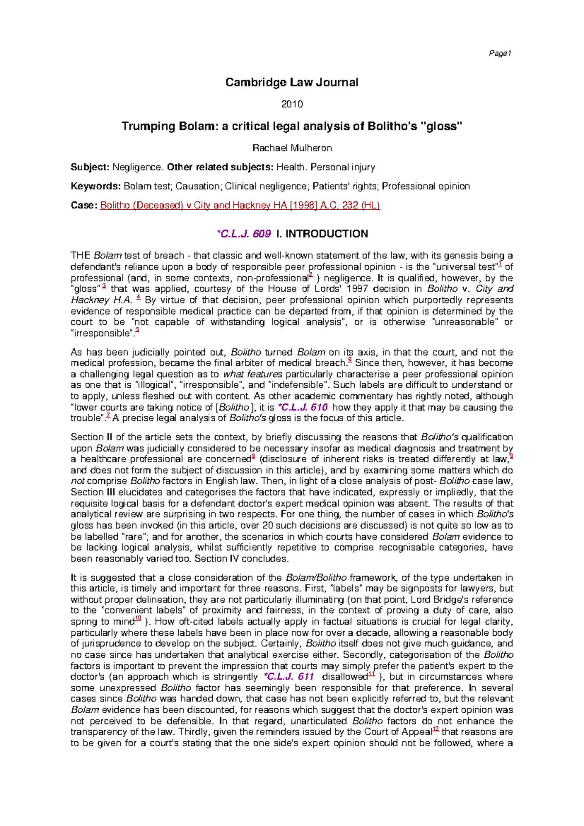 Bolam 2wldoc 11-7-04 6 8 pm - Cambridge Law Journal 2010 Trumping Bolam ...