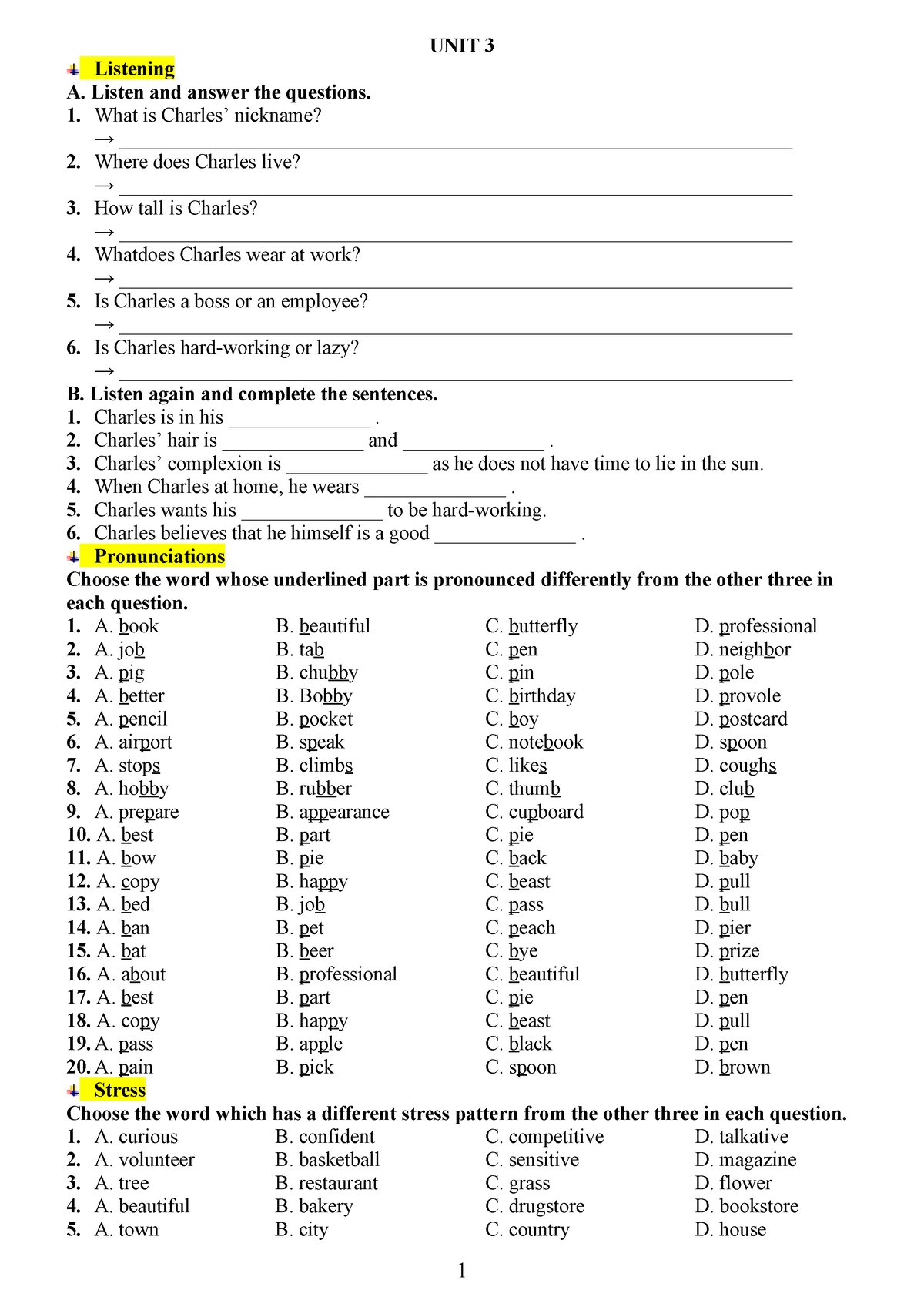 Unit 3 - Test - Unit 3 Listening A. Listen And Answer The Questions 