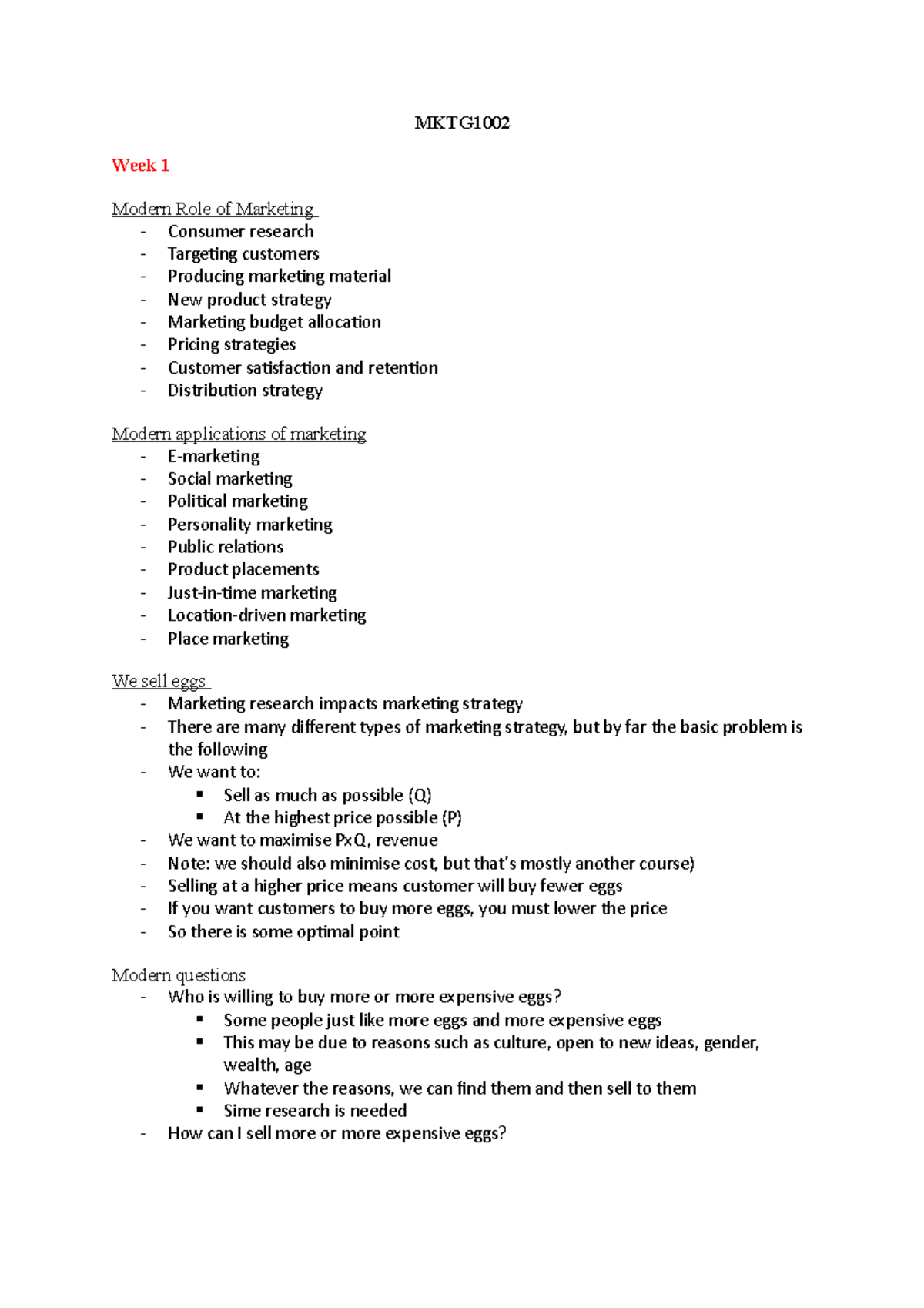 MKTG1002 - lecture notes - MKTG Week 1 Modern Role of Marketing ...