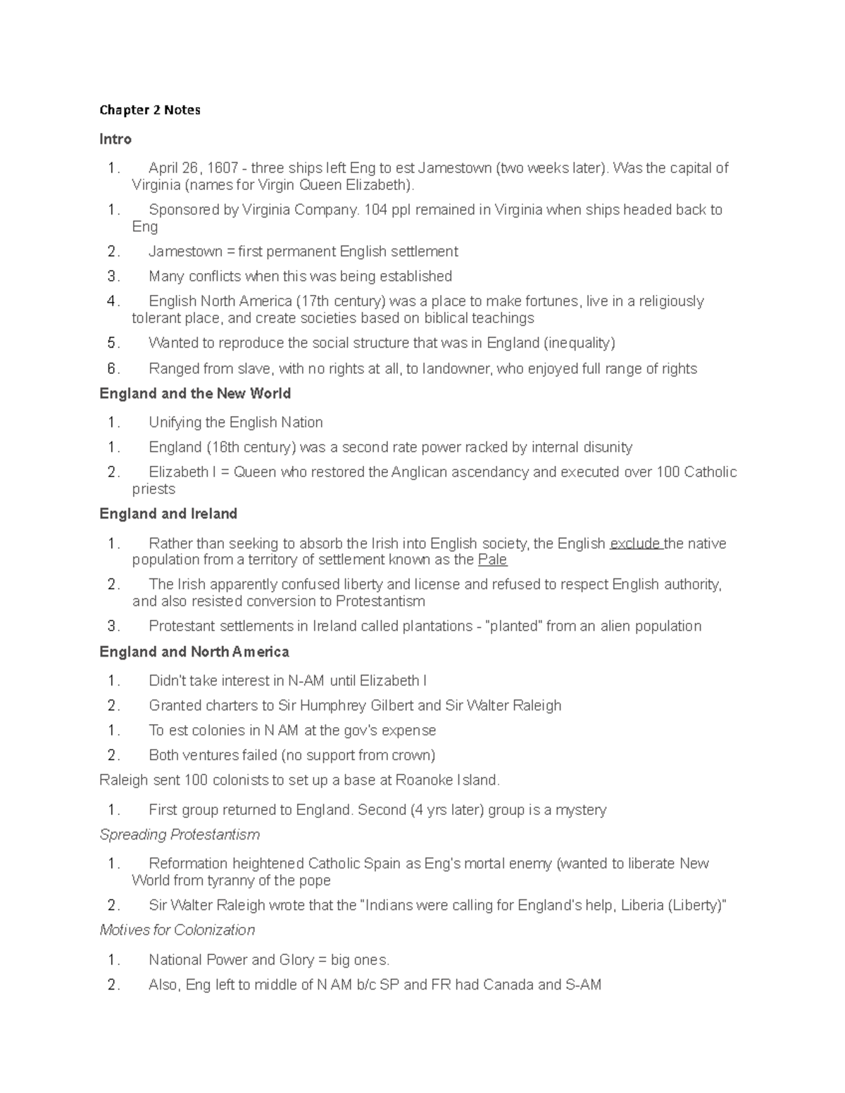 Chapter 2 Notes - Chapter 2 Notes Intro 1. April 26, 1607 - three ships ...
