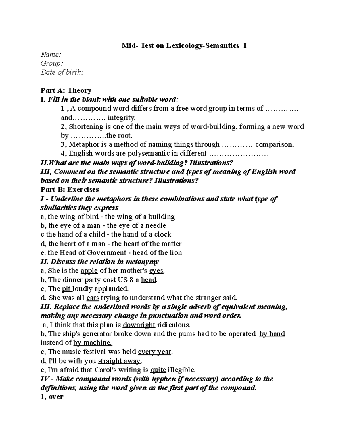 Mid-Test 1 - chất lượng - Mid- Test on Lexicology-Semantics I Name ...