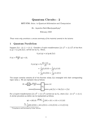 Quantum circuits 3 - Lecture notes - Quantum Circuits - 3 BITS F386 ...