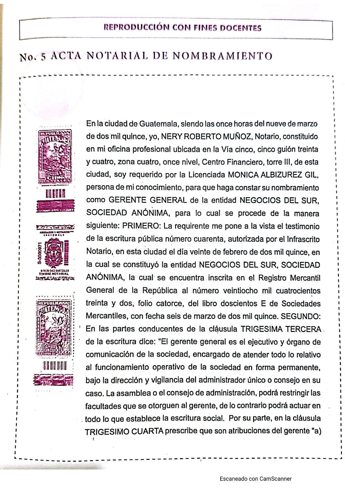 Acta Notarial De Nombramiento De Gerente General Derecho Notarial Ii