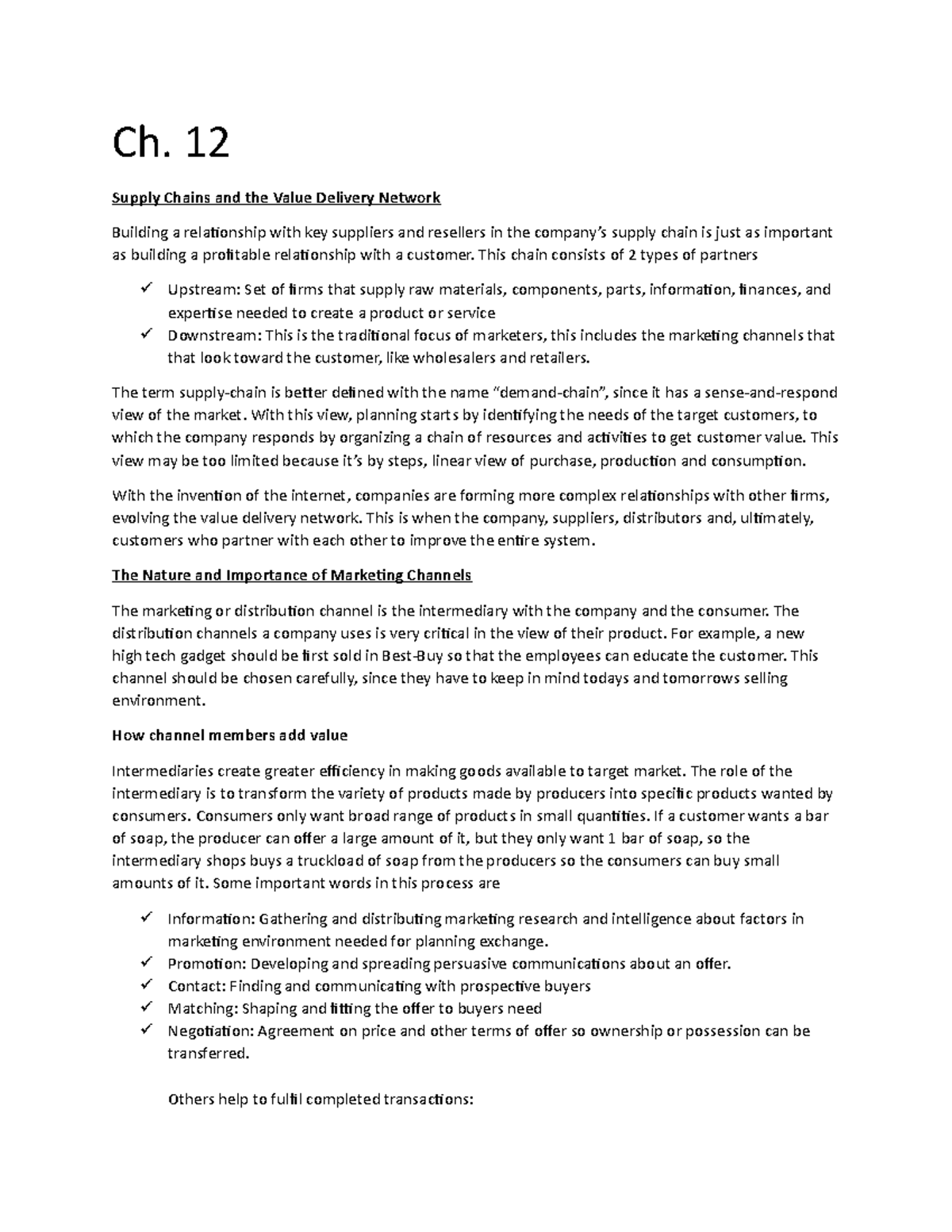 Marketing summaries ch. 12 Ch. 12 Supply Chains and the Value