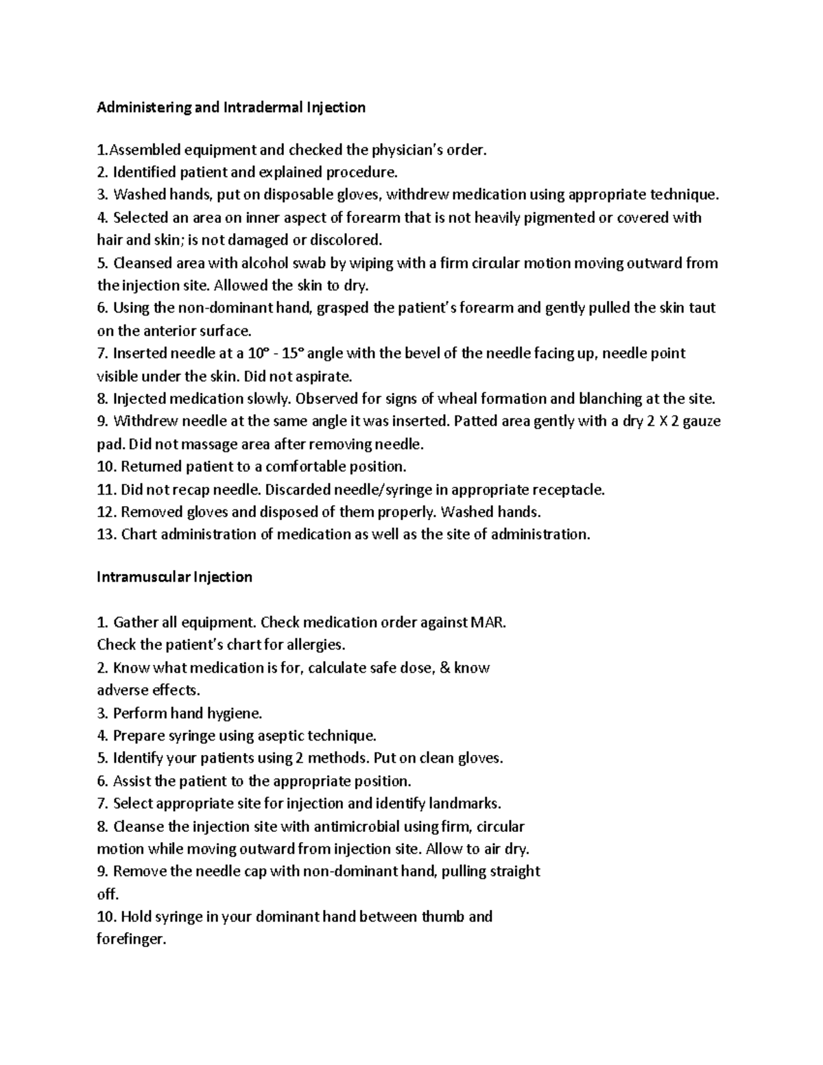 MS Meds Check off - Administering and Intradermal Injection 1 equipment ...
