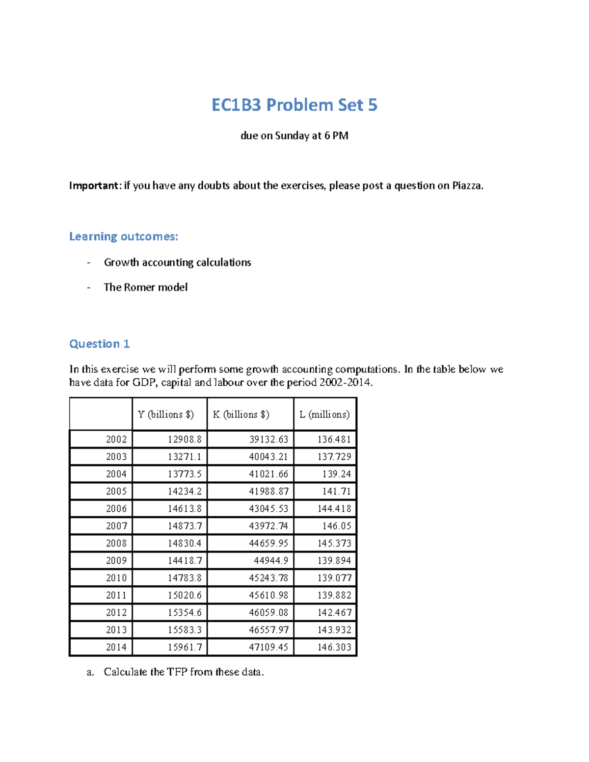 Problemset 5 Economics Using Excel - EC1B3 Problem Set 5 Due On Sunday ...