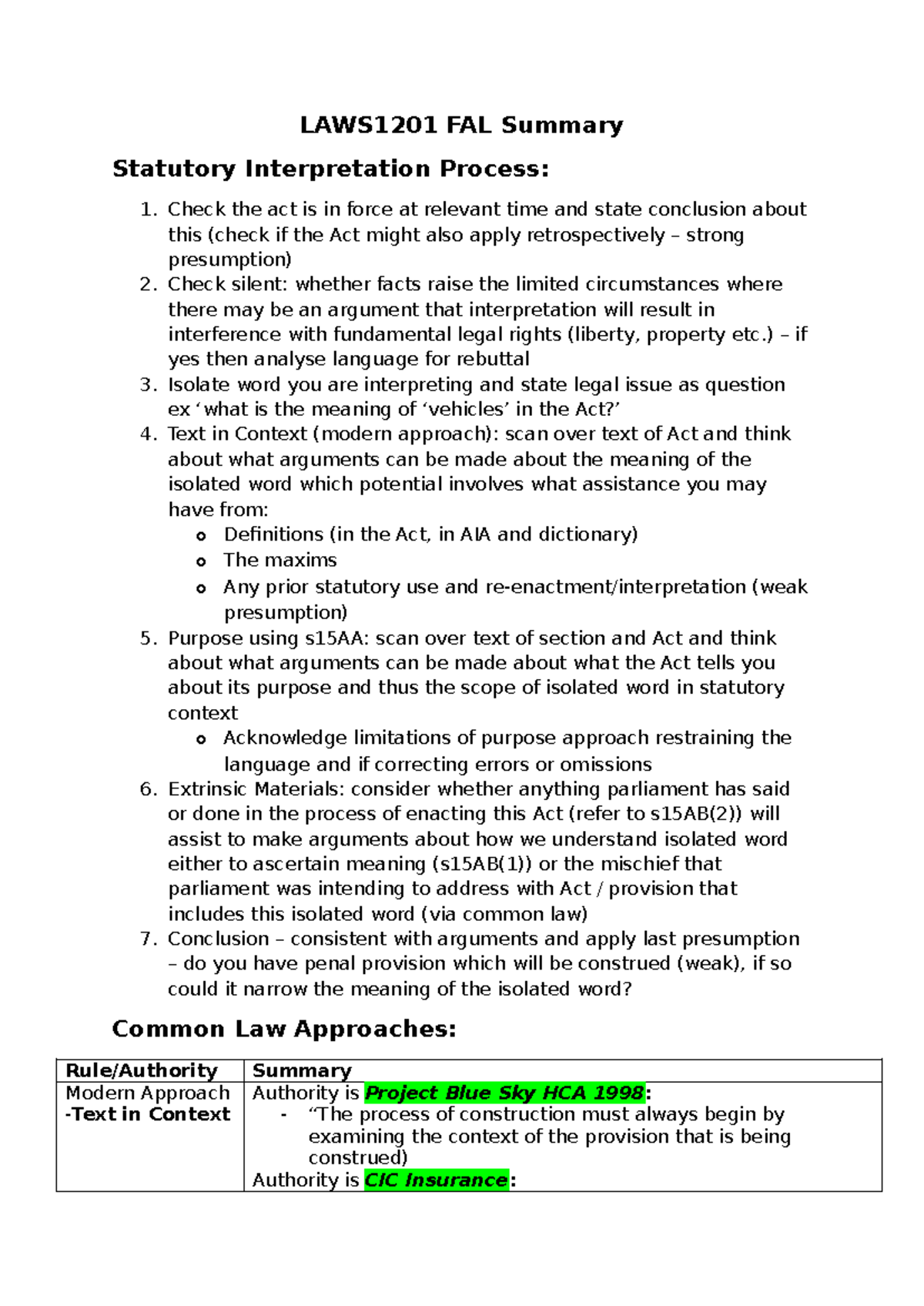 LAWS1201 FAL Summary - Assignment - LAWS1201 FAL Summary Statutory ...