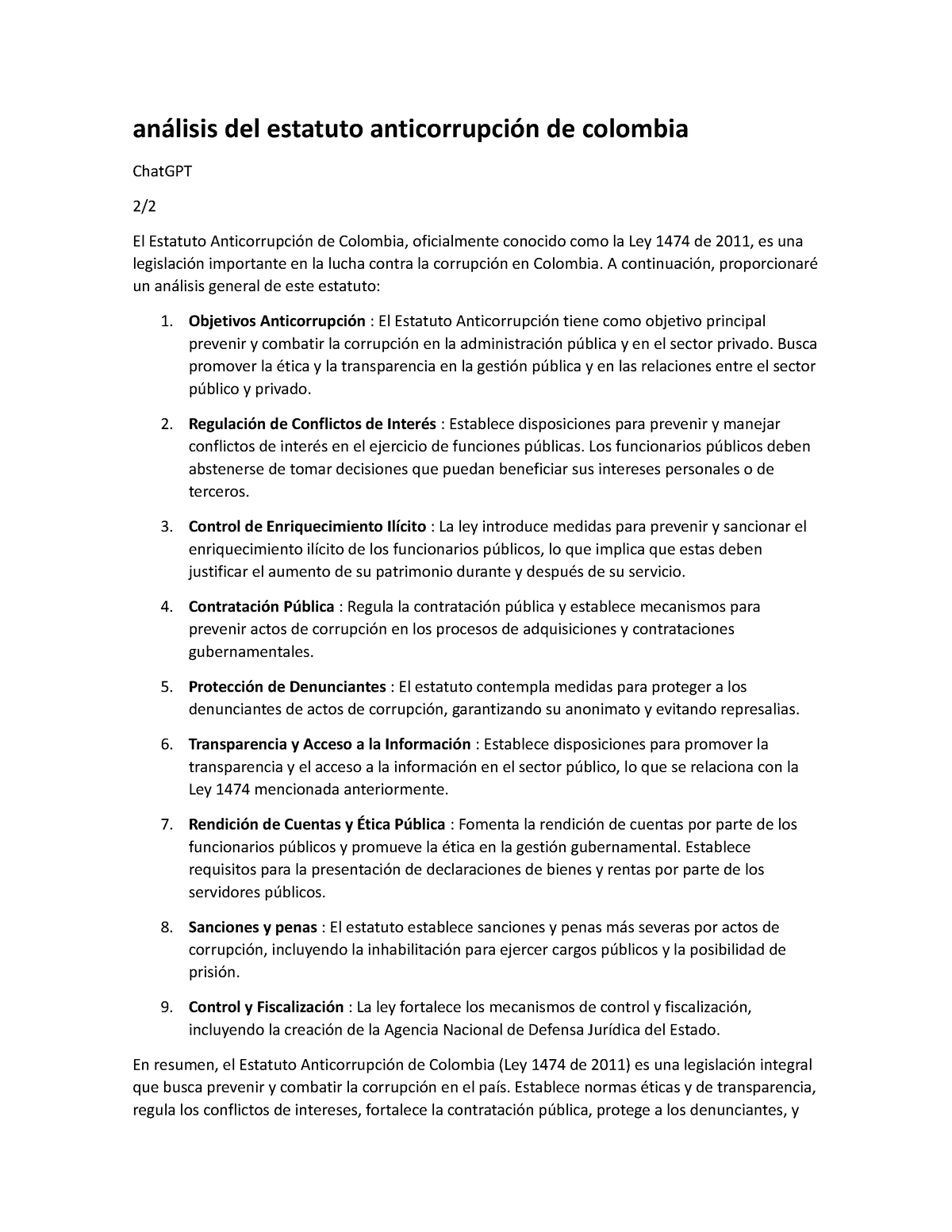 Análisis Del Estatuto Anticorrupción De Colombia Análisis Del