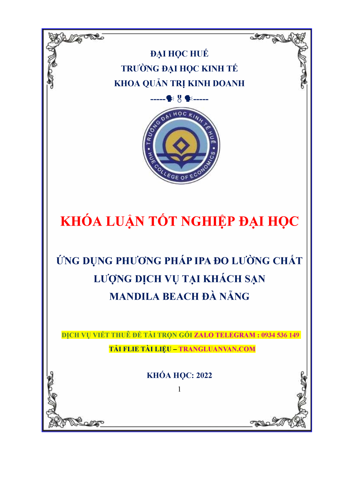 GIẢI PHÁP NÂNG CAO CHẤT LƯỢNG DỊCH VỤ DU LỊCH TRÊN ĐỊA BÀN QUẬN THỐT NỐT  THÀNH PHỐ CẦN THƠ