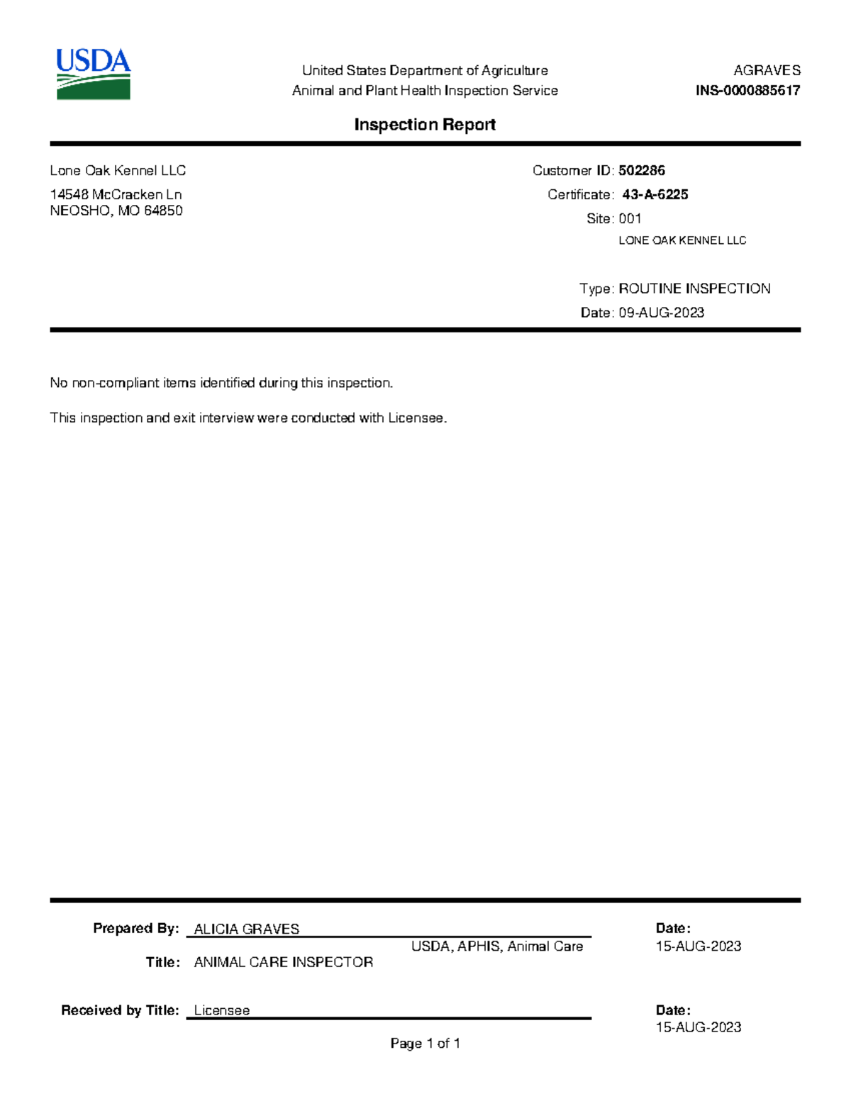 PST Inspection Report Lone Oak Kennel LLC - United States Department of ...