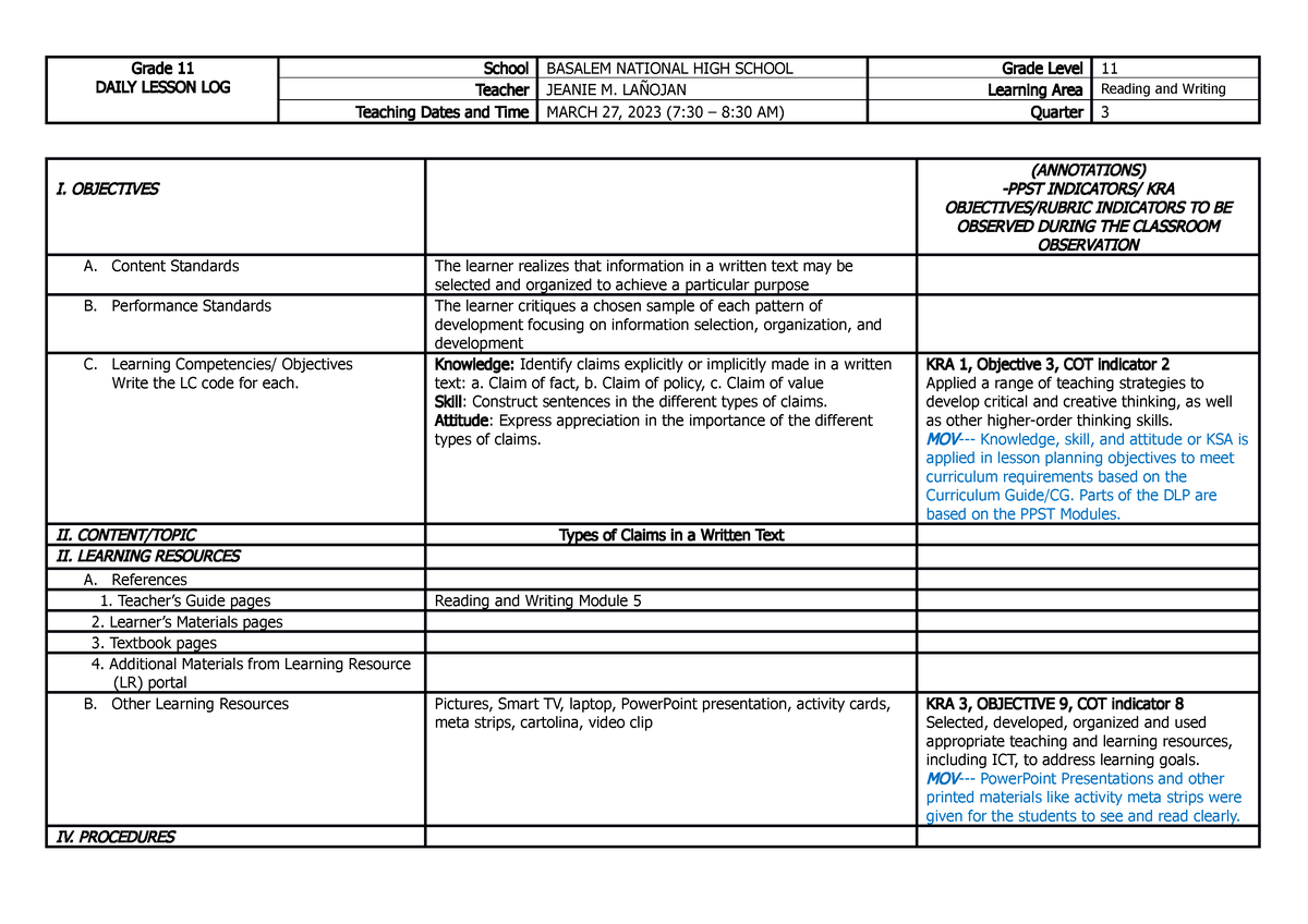 CO1- DLP- Jeanie-Reading and Writing 2023 Annotation - Grade 11 DAILY ...