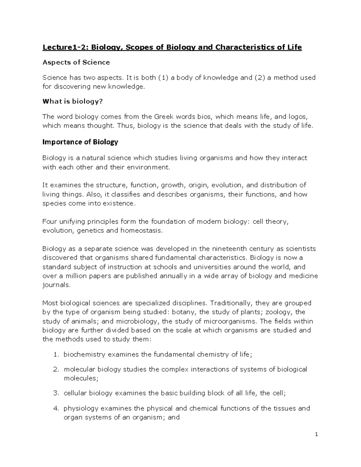 Lecture 1-2 intro to biology - Lecture1-2: Biology, Scopes of Biology ...