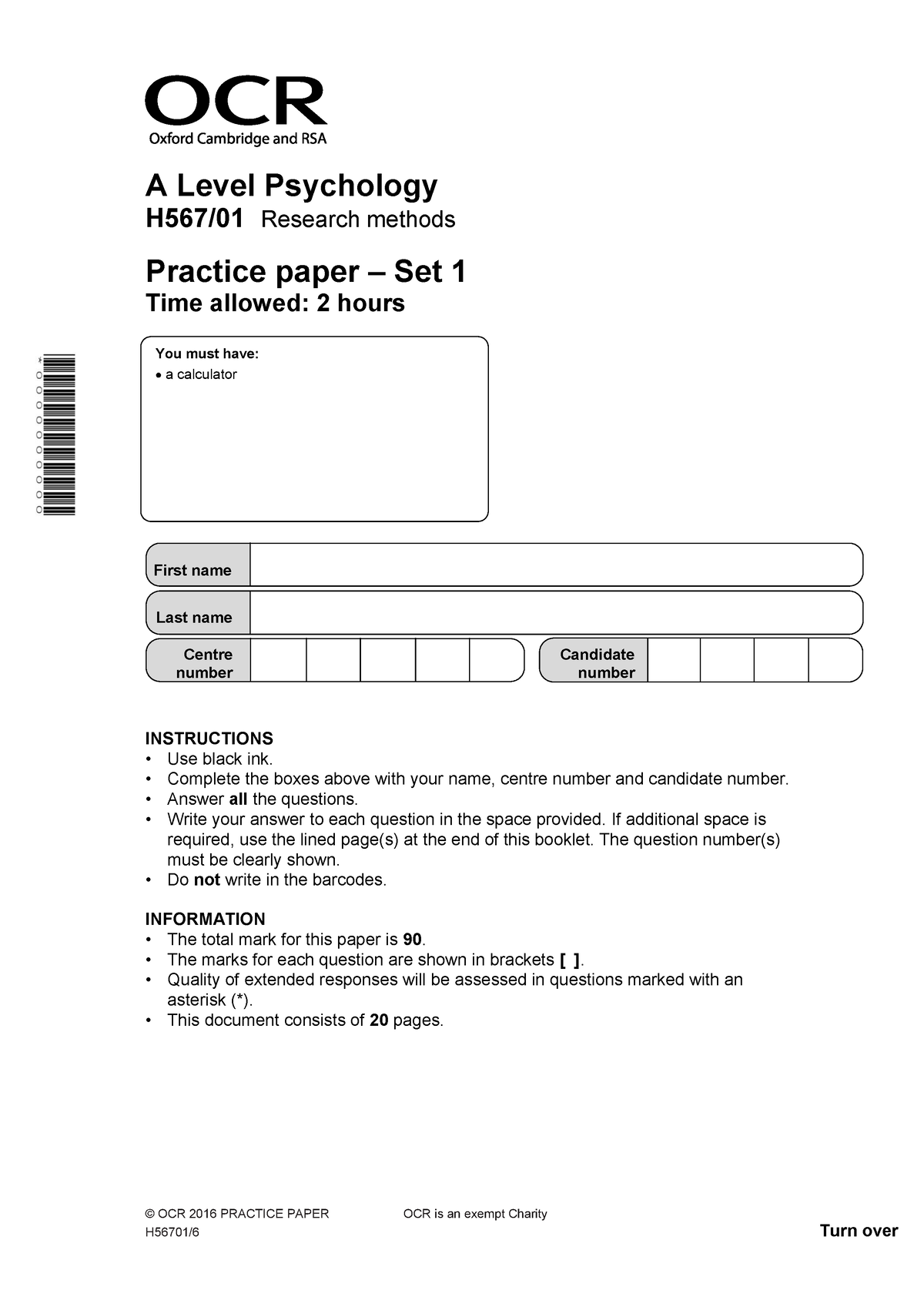 Practice Paper 1 - A Level Psychology H567/ 01 Research Methods ...