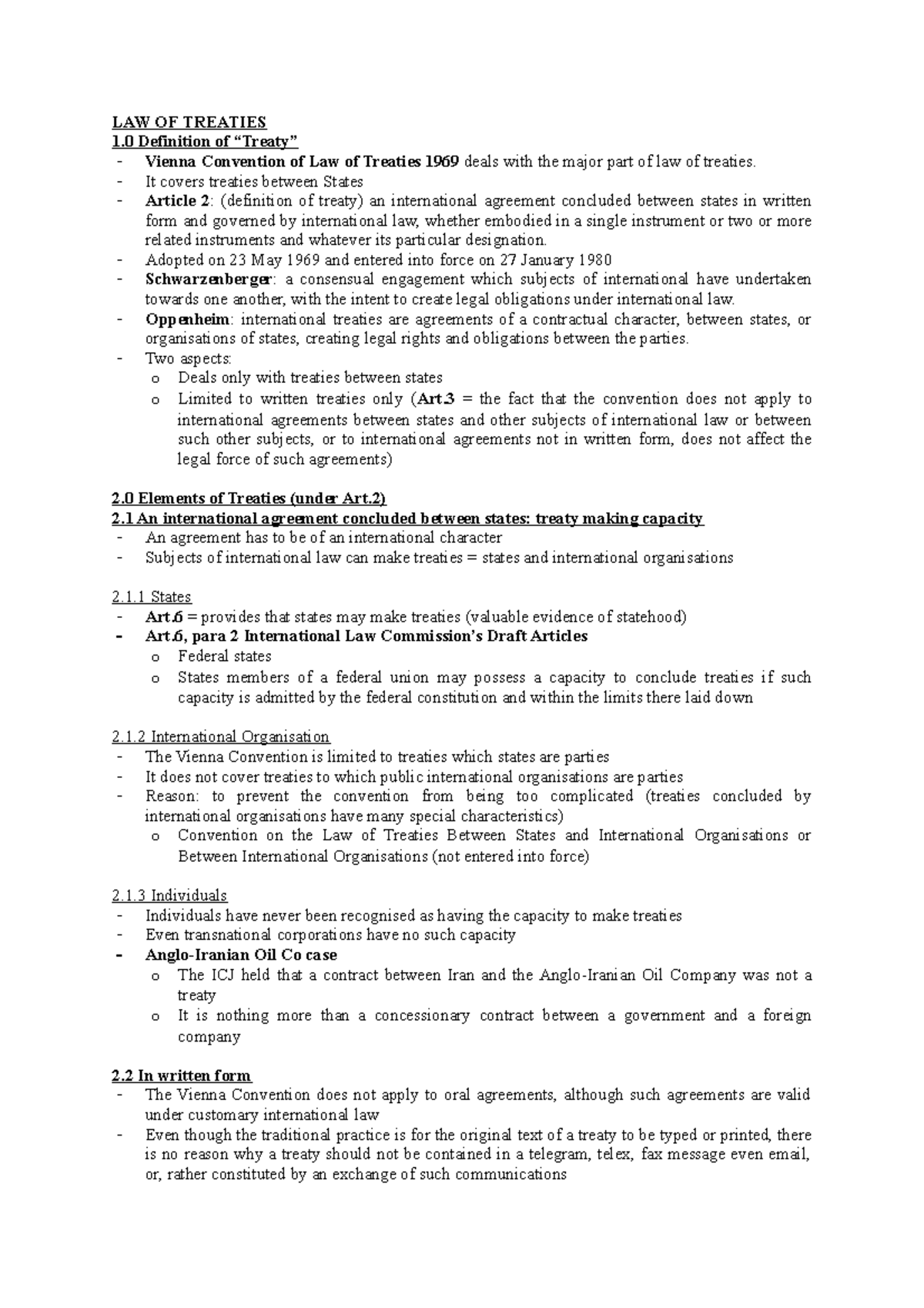 LAW OF Treaties Lecture notes LAW OF TREATIES 1 Definition of