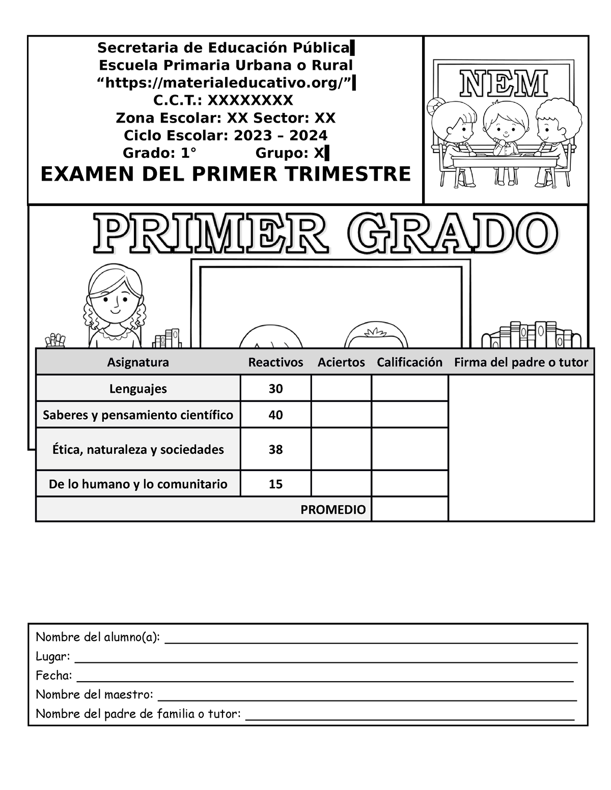 Examen Er Grado Er Trimestre Asignatura Reactivos Aciertos Calificaci N Firma Del