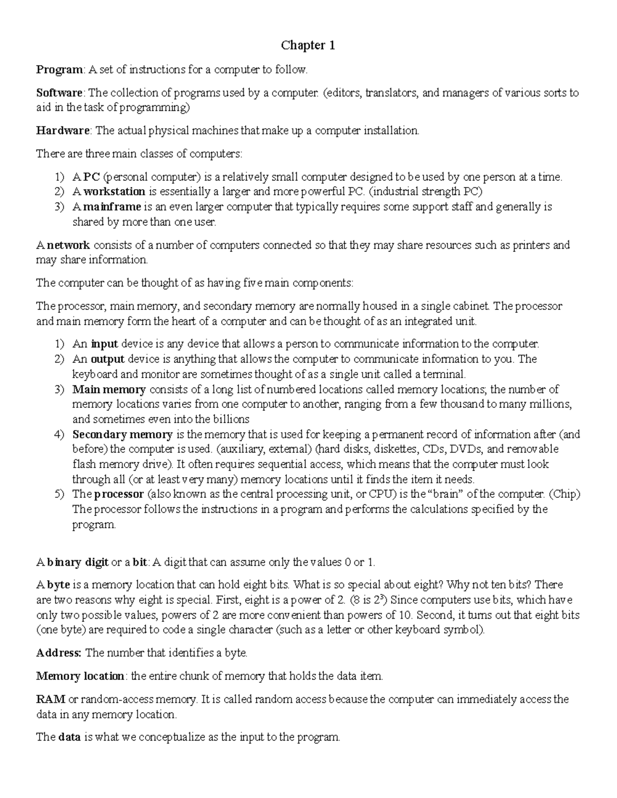 Chapter 1 - Chapter 1 Program : A set of instructions for a computer to ...