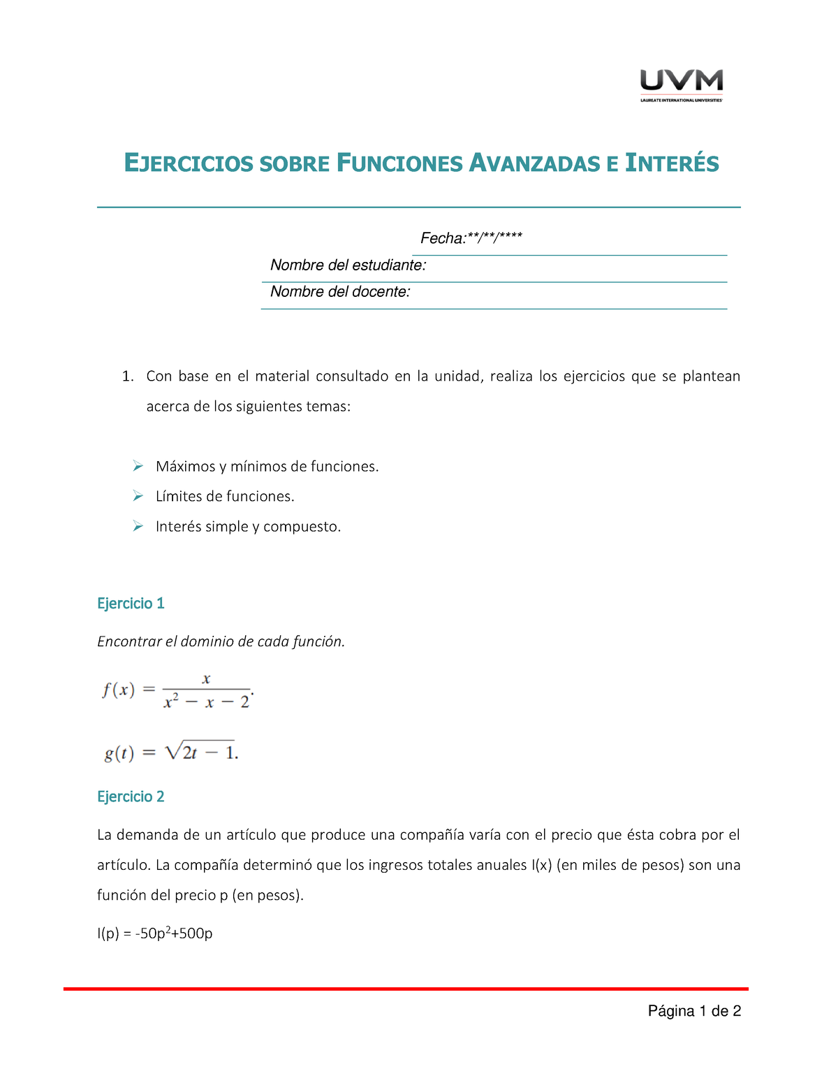 Ejercicios De La Unidad 5 Y 6 - Página 1 De 2 EJERCICIOS SOBRE ...