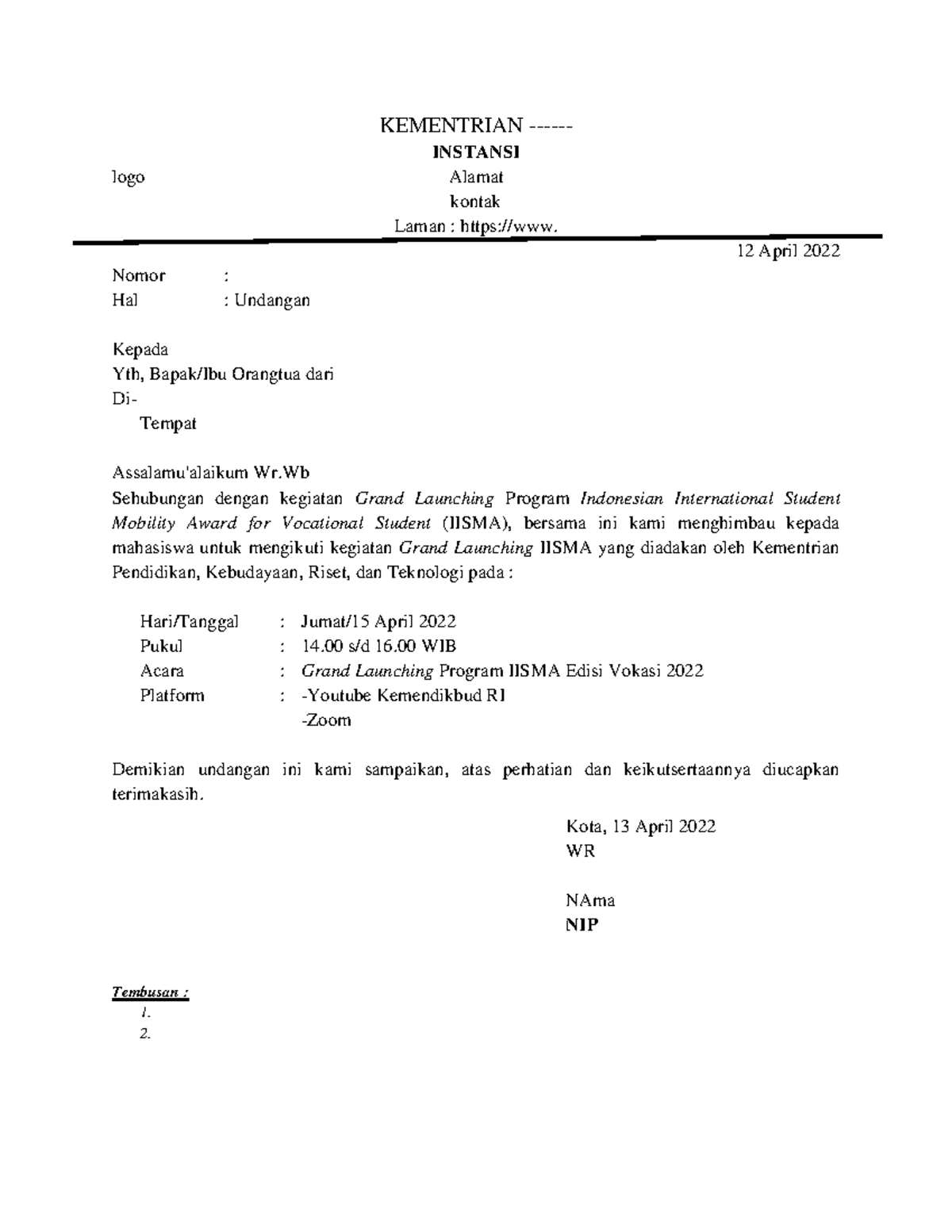 Contoh surat undangan kegiatan mahasiswa - KEMENTRIAN - INSTANSI logo