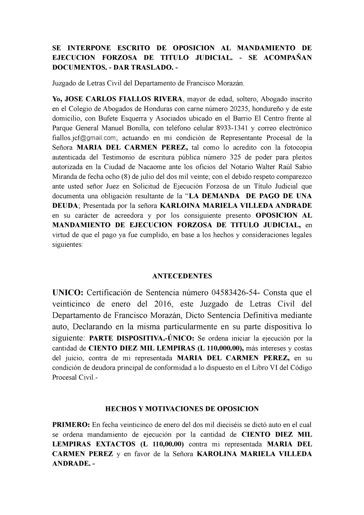 Oposicion DE PAGO DE Titulo Judicial - SE INTERPONE ESCRITO DE OPOSICION AL  MANDAMIENTO DE EJECUCION - Studocu