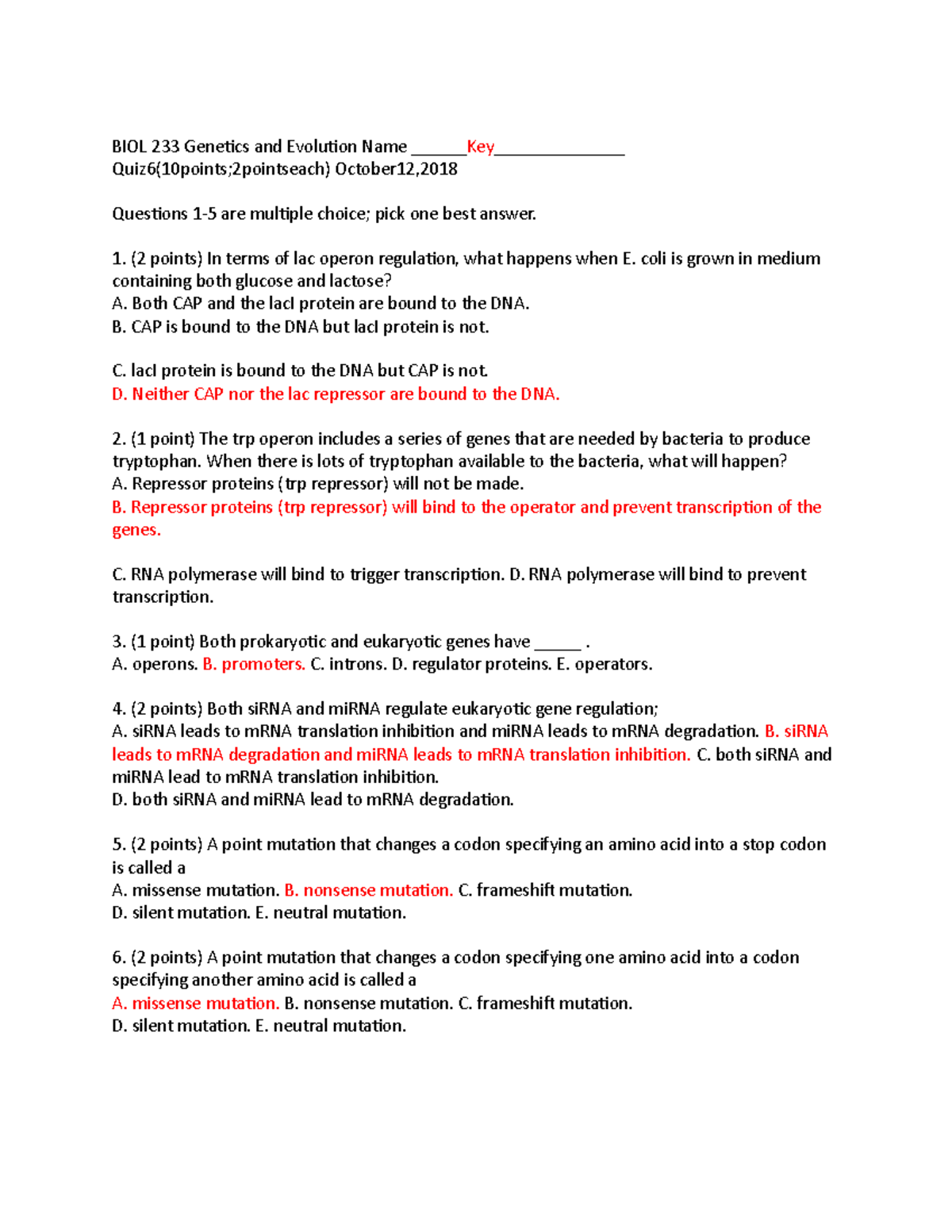 Doc 7 study guide - BIOL 233 Genetics and Evolution Name Key ...