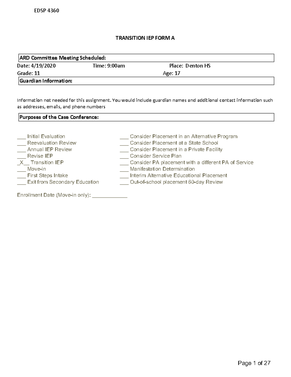 Sample IEP - I hope this helps. - EDSP 4360 TRANSITION IEP FORM A ARD ...