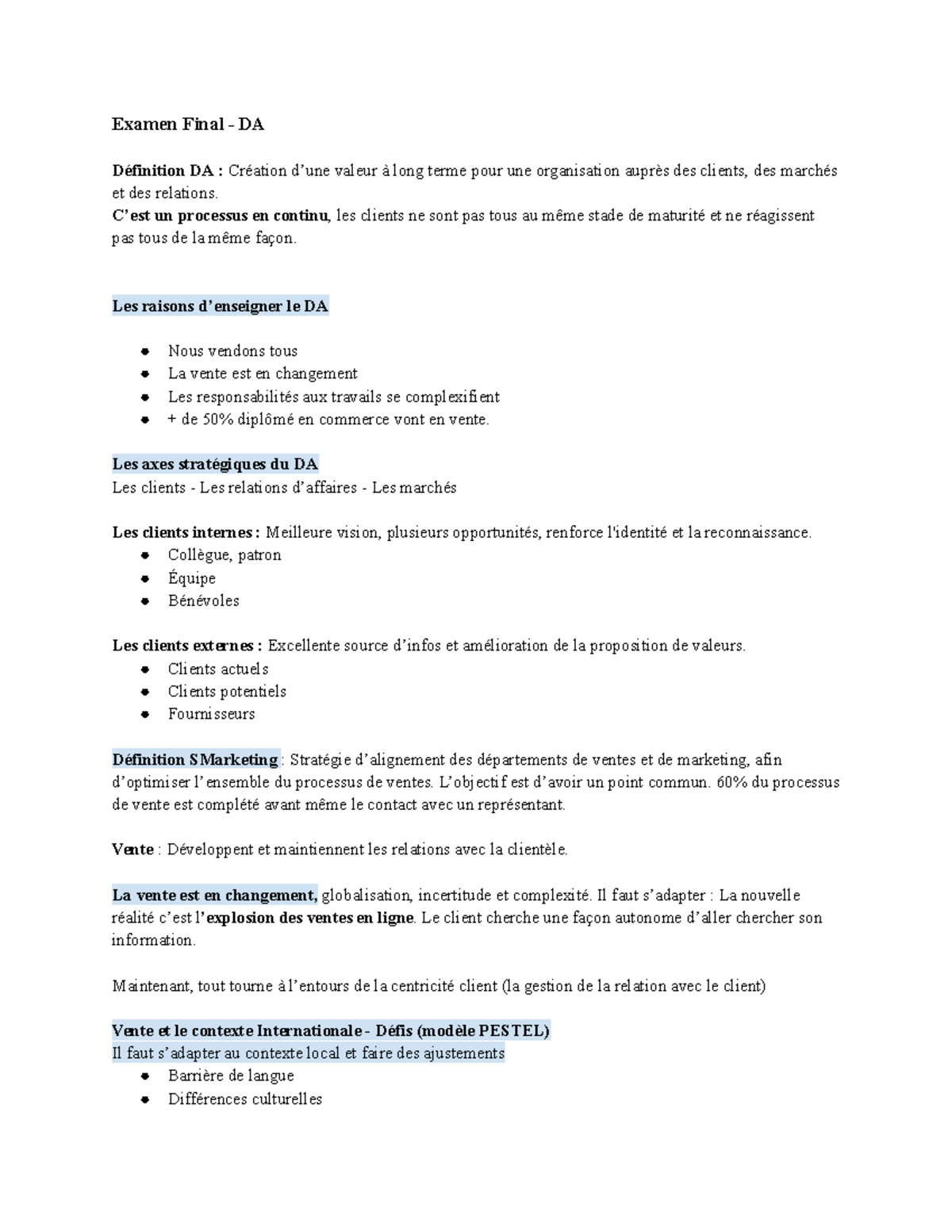 Examen final - DA - NOTE DE COURS - Examen Final - DA Définition DA ...