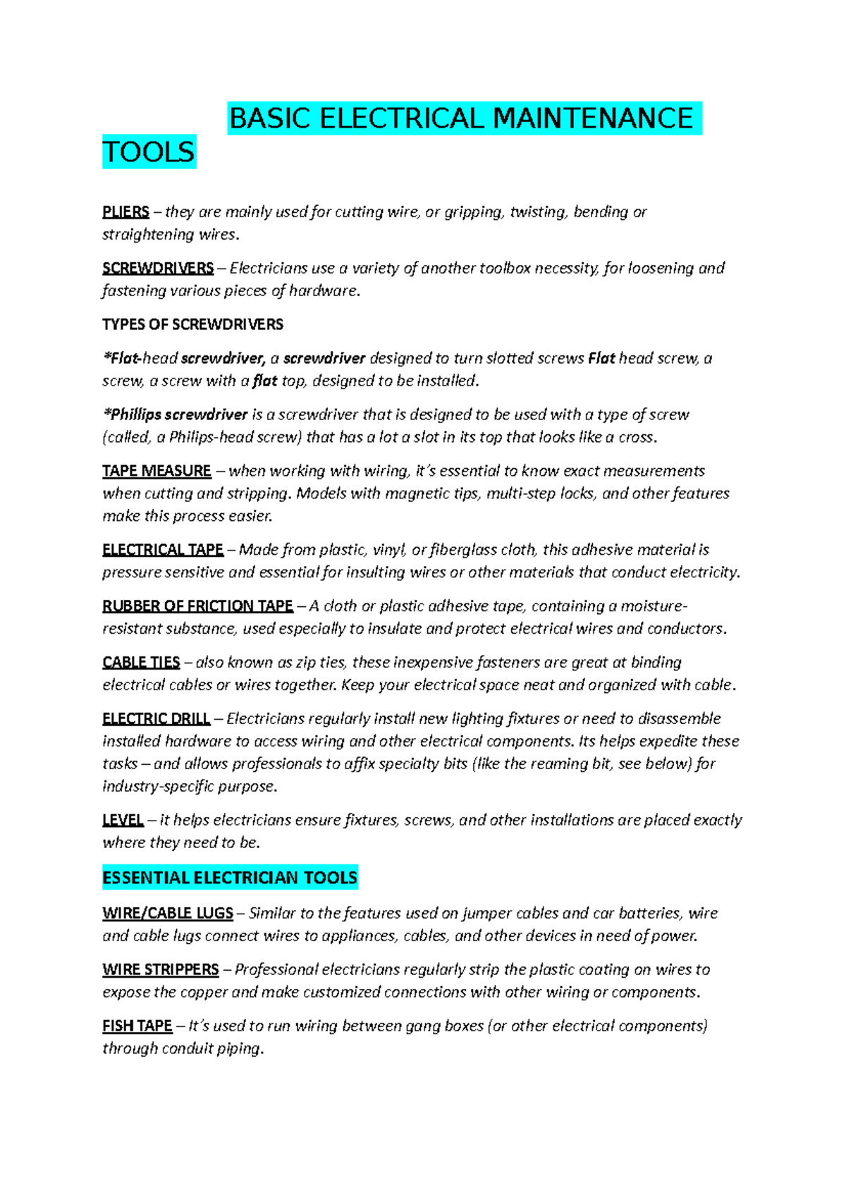 Basic Electrical Maintenance Tools BASIC ELECTRICAL MAINTENANCE TOOLS