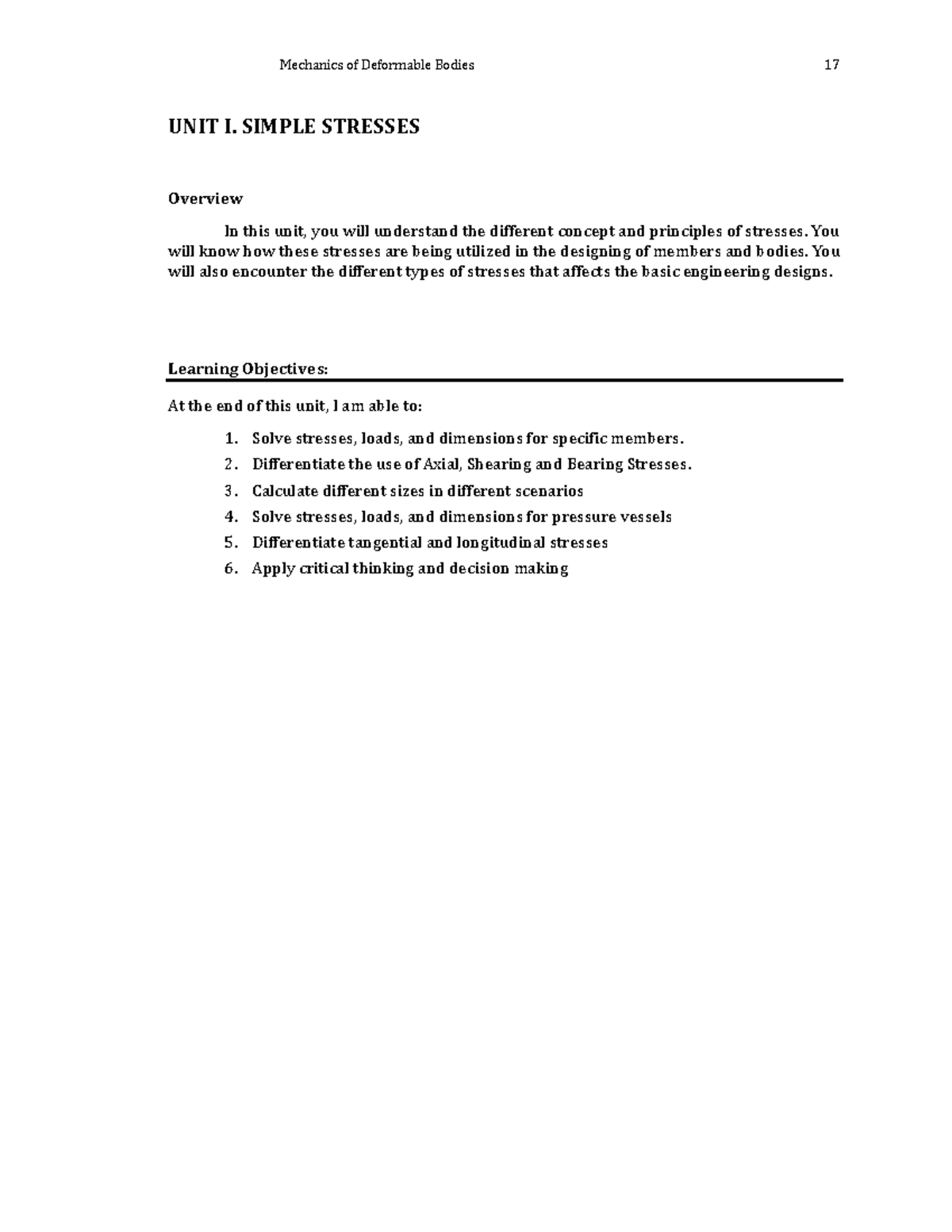 MECH 314 Unit 1 Mechanics of deformable bodies lecture UNIT I