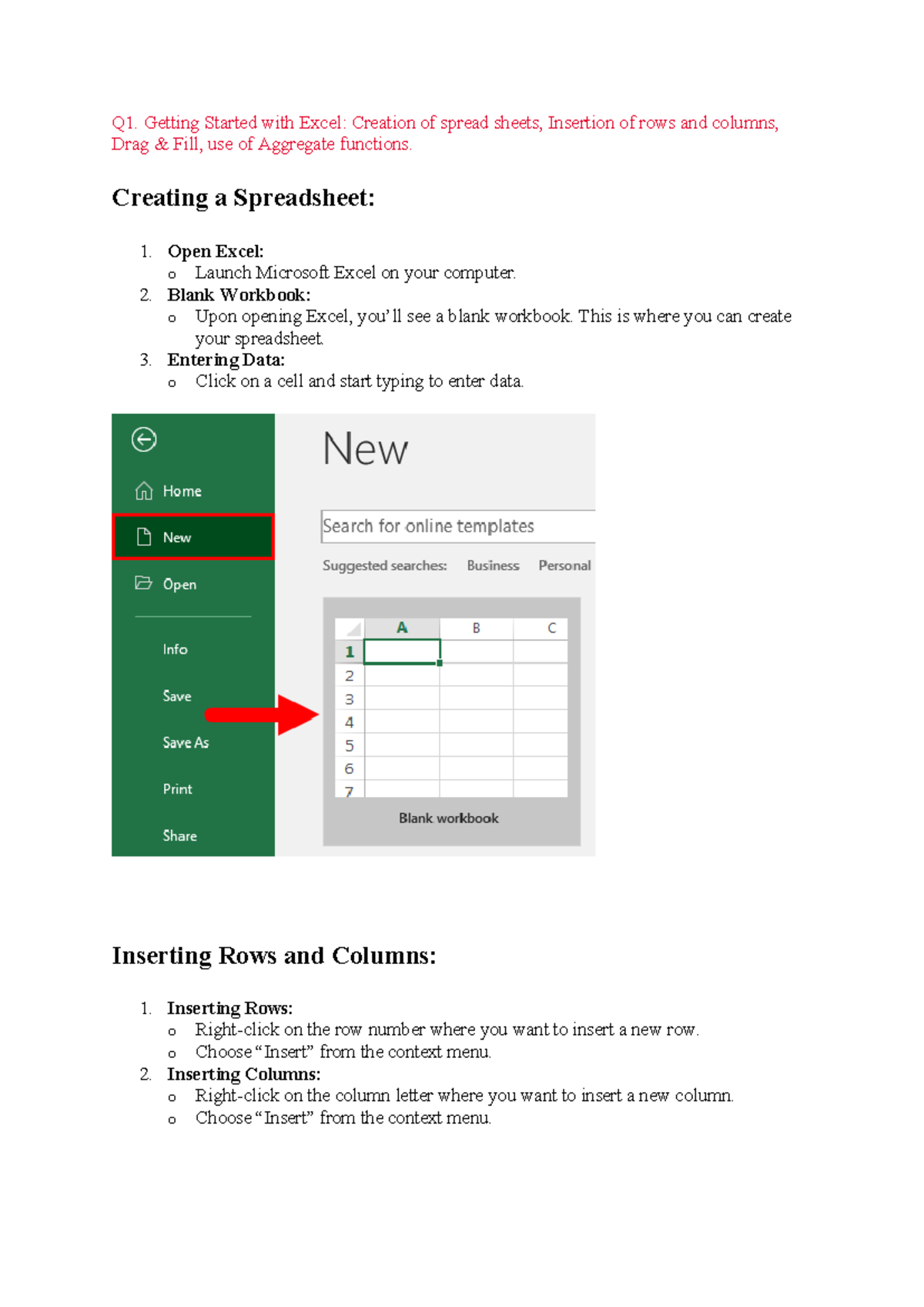 New excel manual - EASY TO ACCESS - Q1. Getting Started with Excel ...