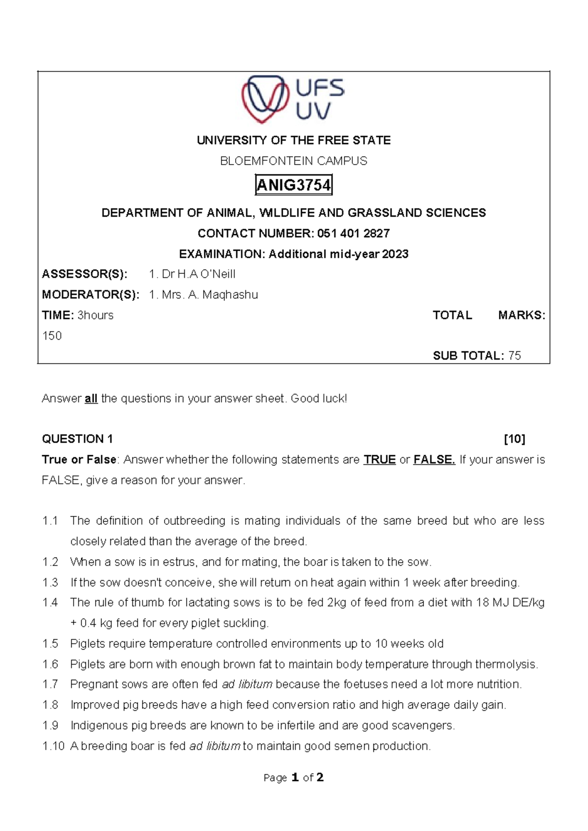 ANIG3754 Additional EXAM 2023 - UNIVERSITY OF THE FREE STATE ...